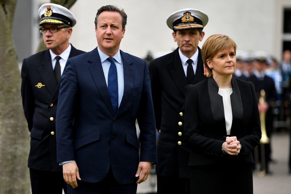 KIRKWALL, SCOTLAND - MAY 31: Scotland's First Minister Nicola Sturgeon and British Prime Minister David Cameron attend the commemorations of the 100th anniversary of the Battle of Jutland at St Magnus Cathedral on May 31, 2016 in Kirkwall,Scotland. The event marks the centenary of the largest naval battle of World War One where more than 6,000 Britons and 2,500 Germans died in the Battle of Jutland fought near the coast of Denmark on 31 May and 1 June 1916. (Photo by Jeff J Mitchell/Getty Images)
