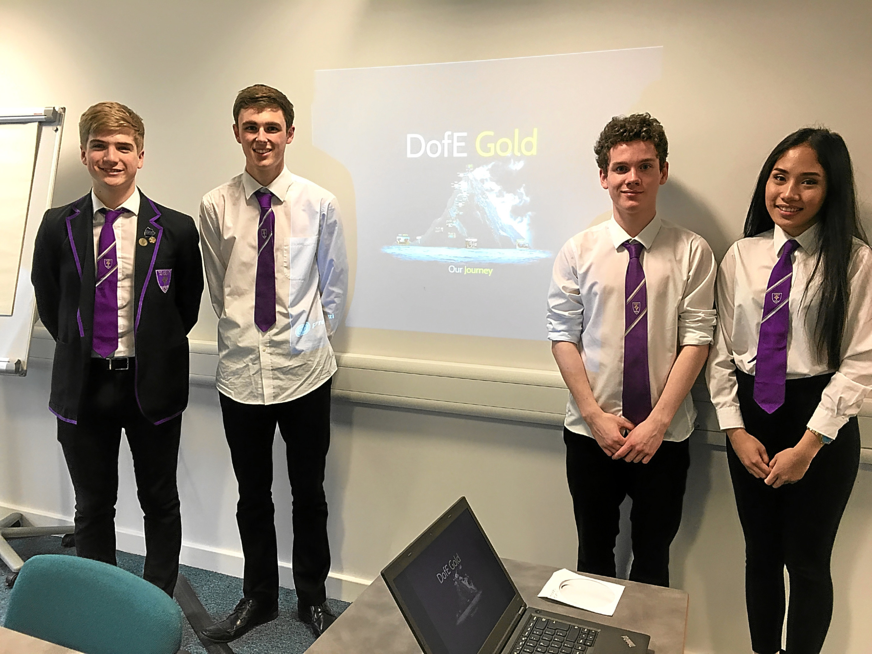 S6 pupils (Andrew Blain, Niall Martin, Harris Blain and Samantha Leano) from St Johns Academy recently shared their Duke of Edinburgh journey to mark the final part of their award process.