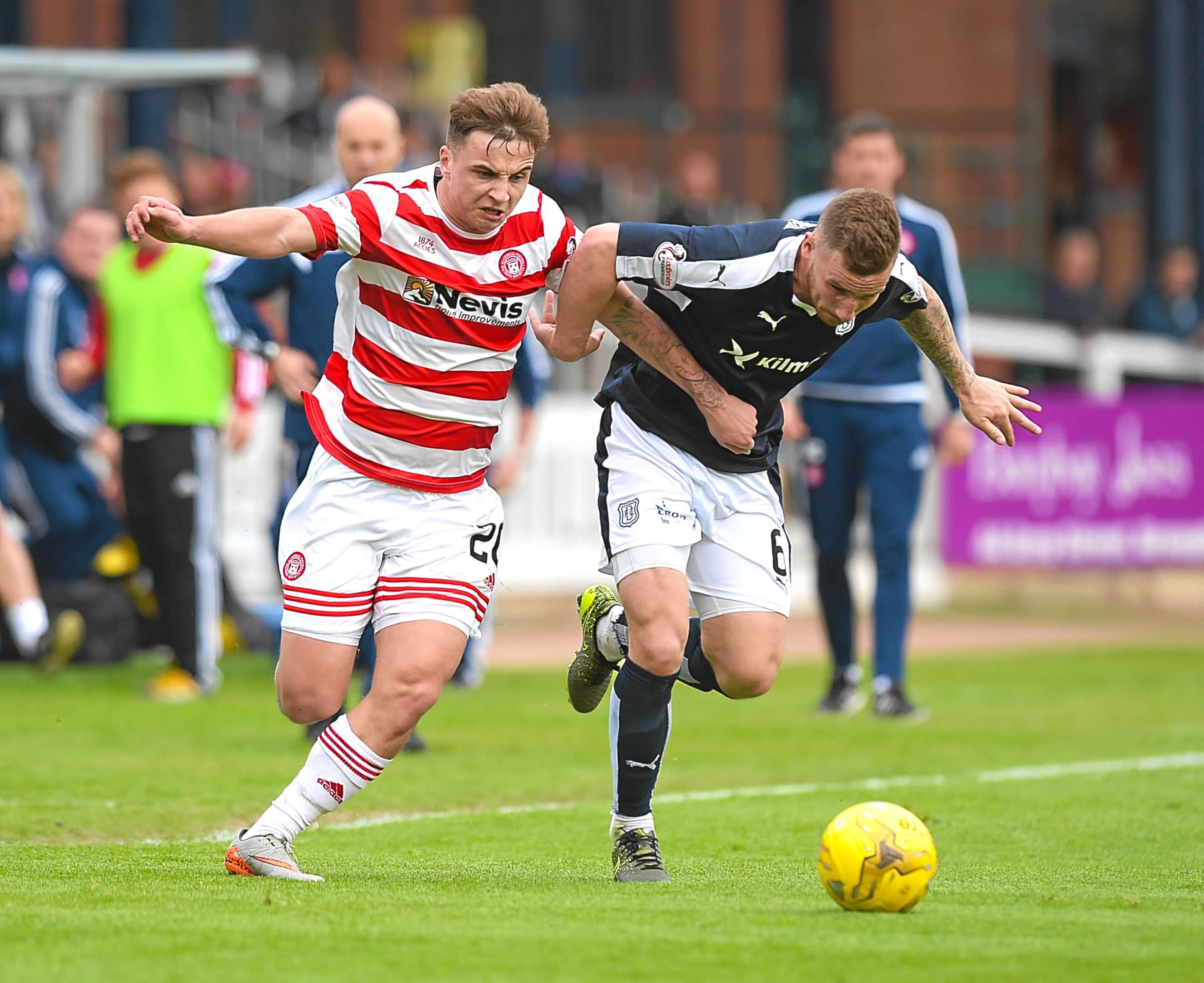 Hamilton's Eamonn Brophy (left) and Dundee's Daryll Meggatt.