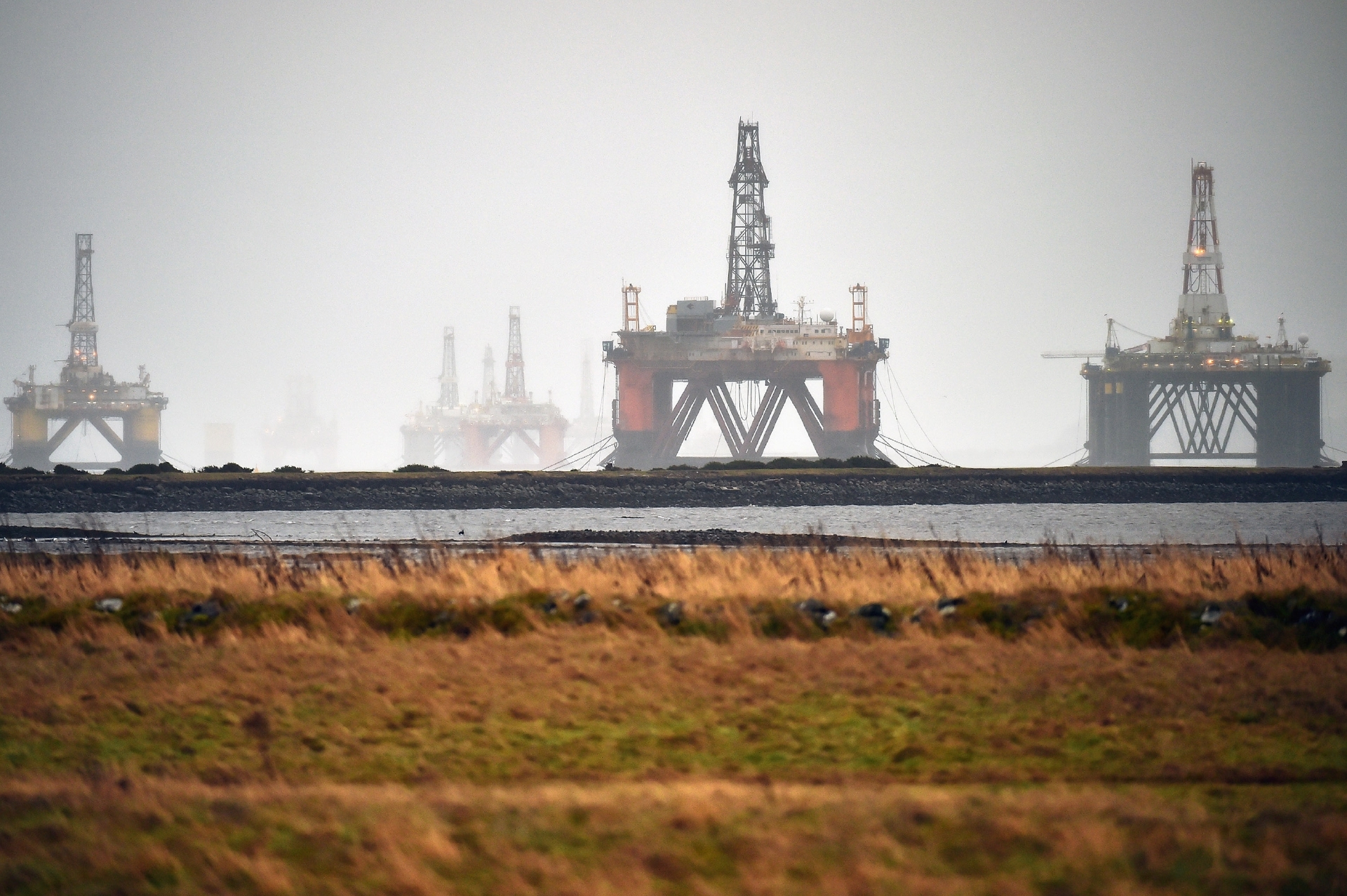 Rigs standing idle in the Cromarty Firth.