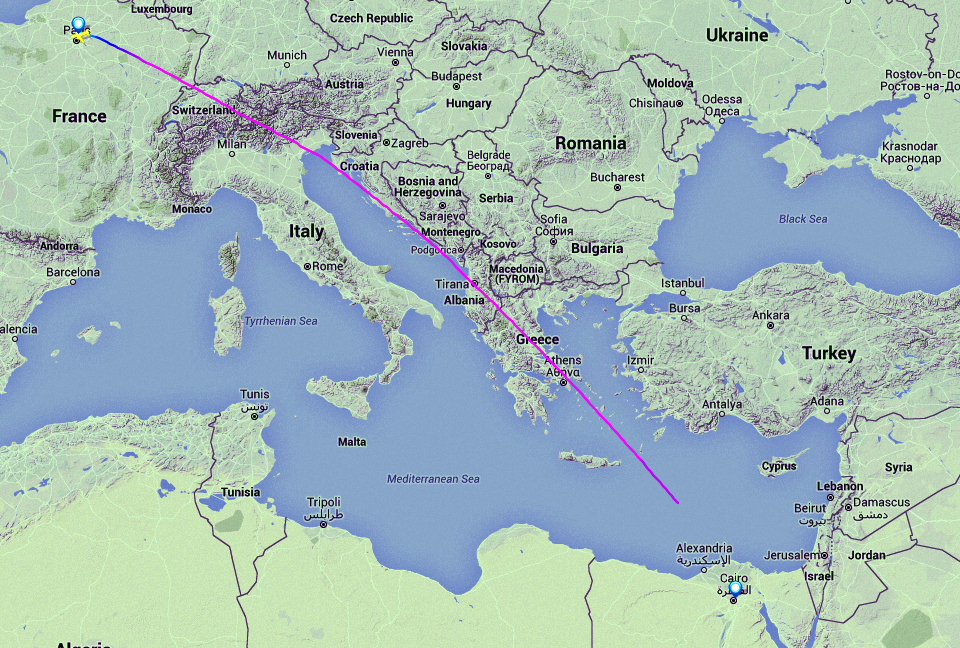 The track displayed on Flightradar24 showing the EgyptAir aircraft travelling from Paris to Cairo with 66 people on board which has disappeared from radar 10 miles into Egyptian airspace. PRESS ASSOCIATION Photo. Issue date: Thursday May 19, 2016. See PA story AIR Egypt. Photo credit should read: Flightradar24/PA Wire