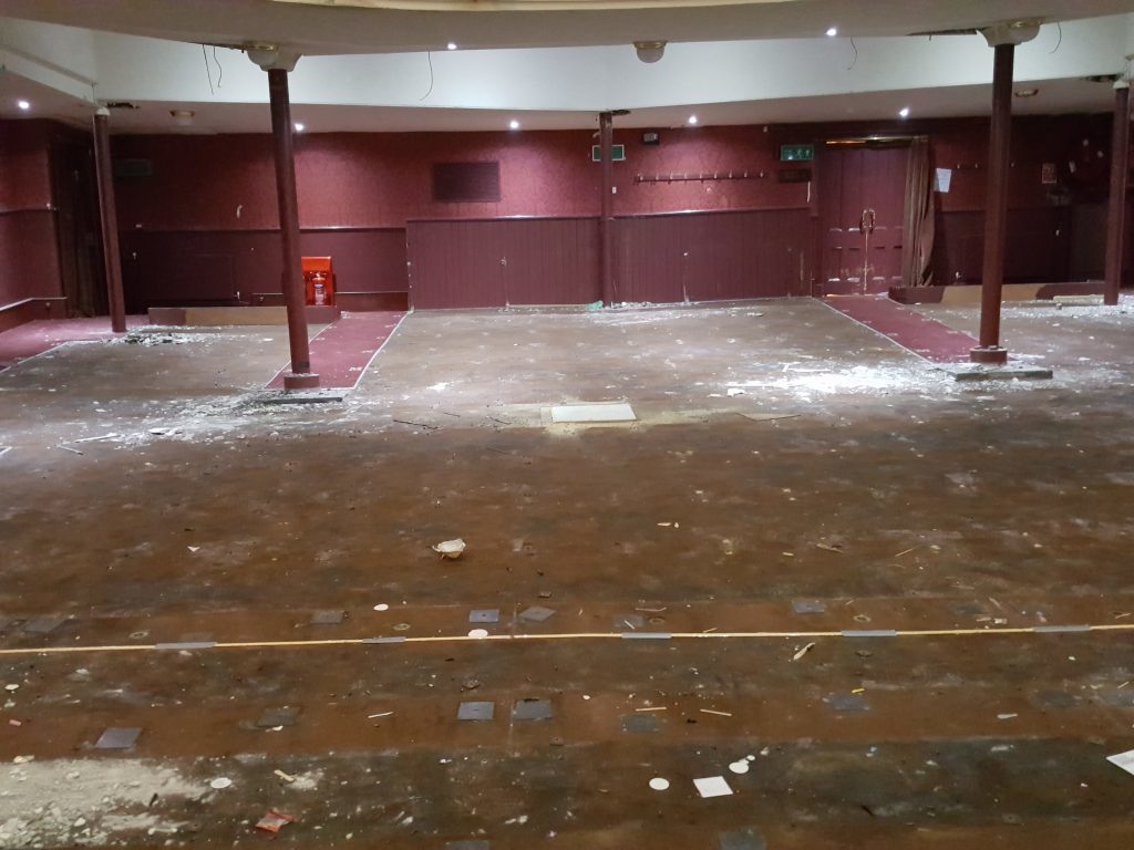 Seating has been removed from auditorium as part of restoration.