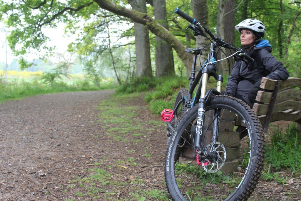 Gayle takes a break during a cycle along Lady Mary's Walk between Comrie and Crieff.