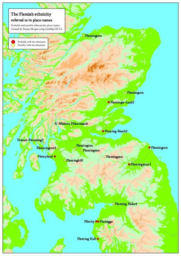 Map showing prevalence of Flemish place names in Scotland