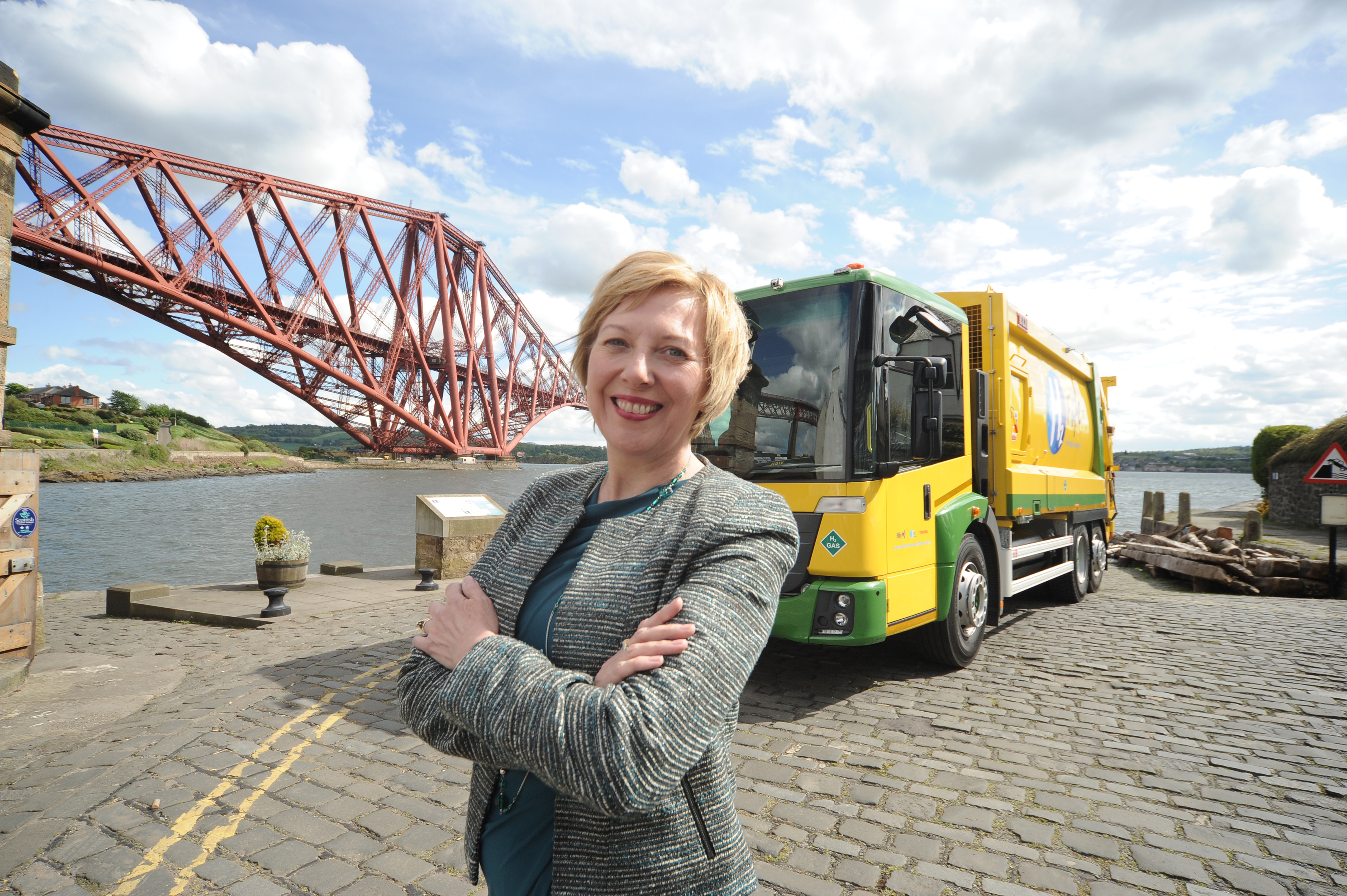 Cllr Lesley Laird with the new dual-fuel bin lorry.