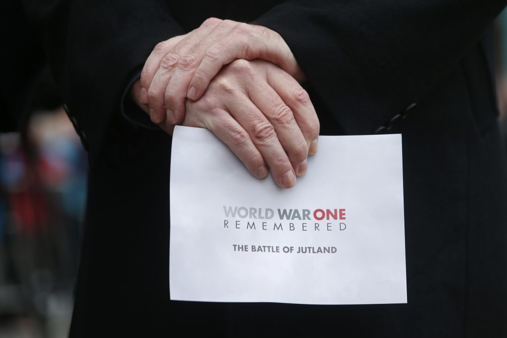 A guest holds the order of service outside St Magnus Cathedral in Kirkwall, Orkney, ahead of a commemoration of the Battle of Jutland, the largest naval battle of the First World War. PRESS ASSOCIATION Photo. Picture date: Tuesday May 31, 2016. The Battle of Jutland centenary service will remember the 8,645 seamen who died in the largest naval battle of the First World War. See PA story HERITAGE Jutland. Photo credit should read: Danny Lawson/PA Wire