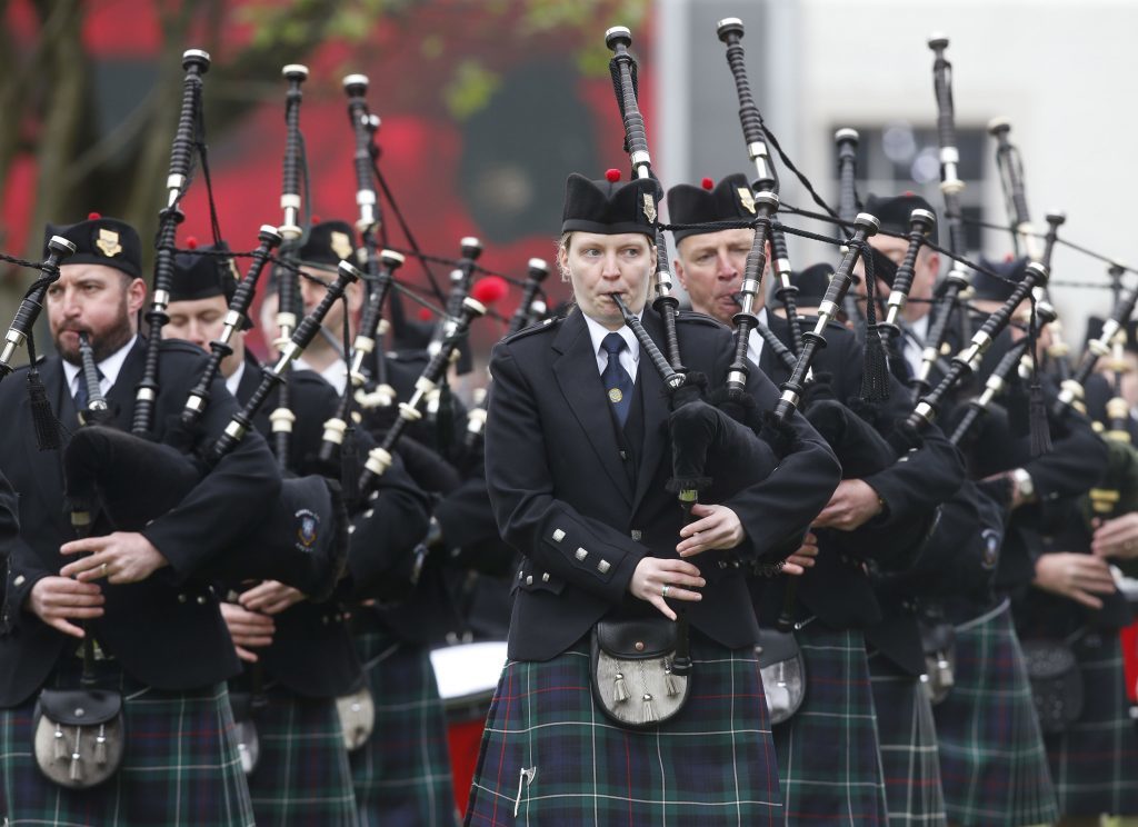 Members of Kirkwall City Pipe Band perform outside St Magnus Cathedral in Kirkwall, Orkney, ahead of a commemoration of the Battle of Jutland, the largest naval battle of the First World War. PRESS ASSOCIATION Photo. Picture date: Tuesday May 31, 2016. The Battle of Jutland centenary service will remember the 8,645 seamen who died in the largest naval battle of the First World War. See PA story HERITAGE Jutland. Photo credit should read: Danny Lawson/PA Wire