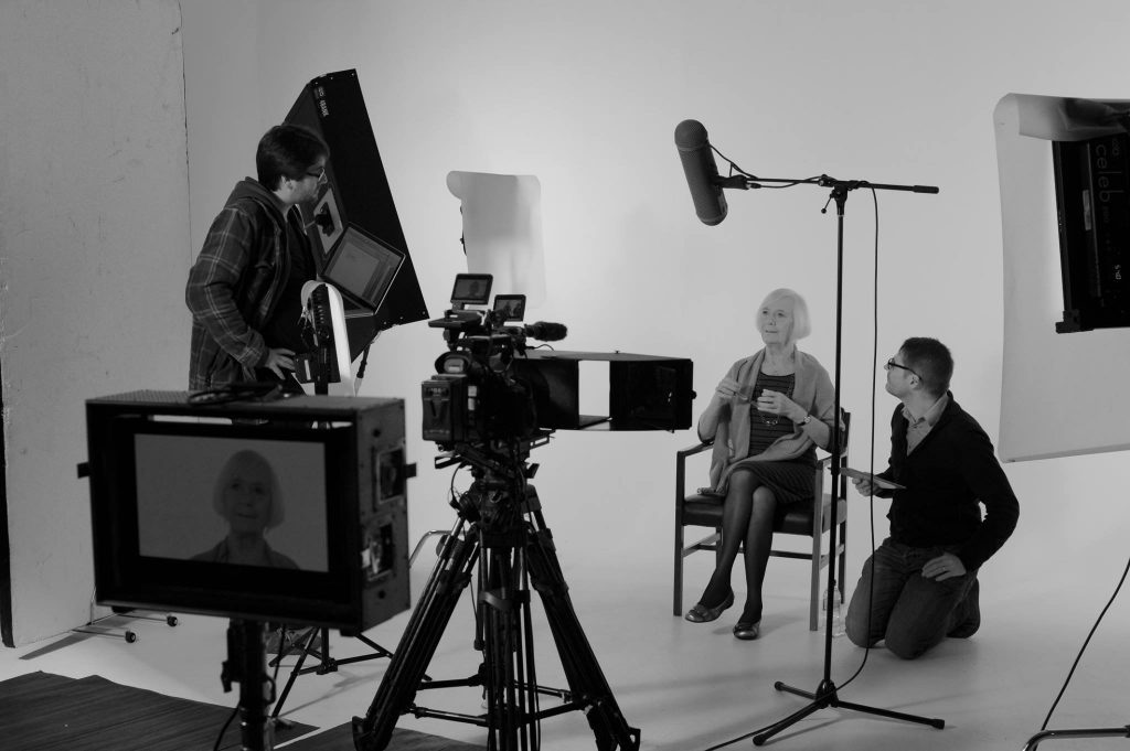 Dolina Maclennan, writer Kevin MacNeil and director Robbie Fraser on the set of Hamish, Edinburgh, in October 2015