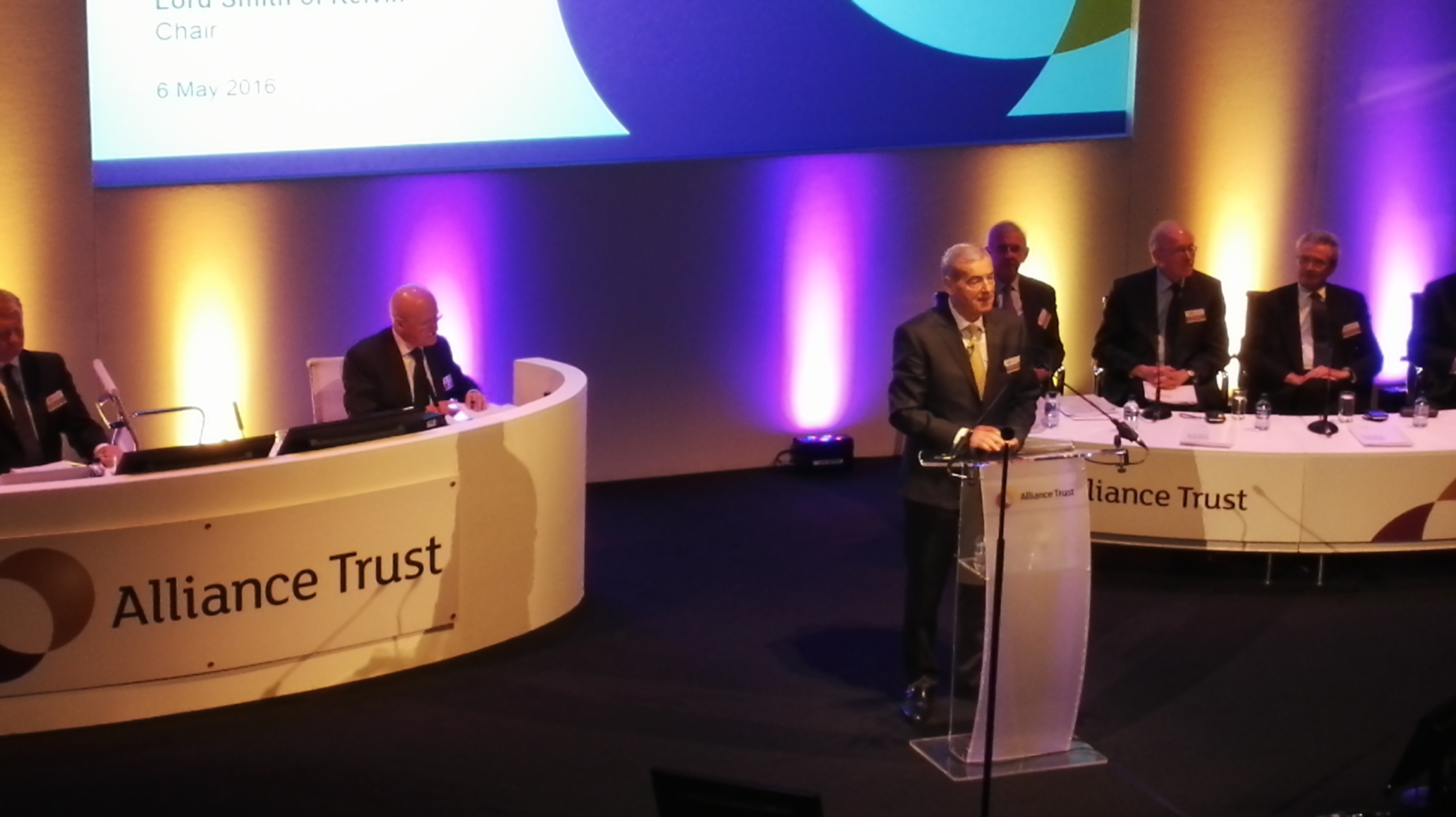 Lord Smith of Kelvin, flanked by the Alliance Trust board, addresses shareholders at the recent AGM in Dundee. 