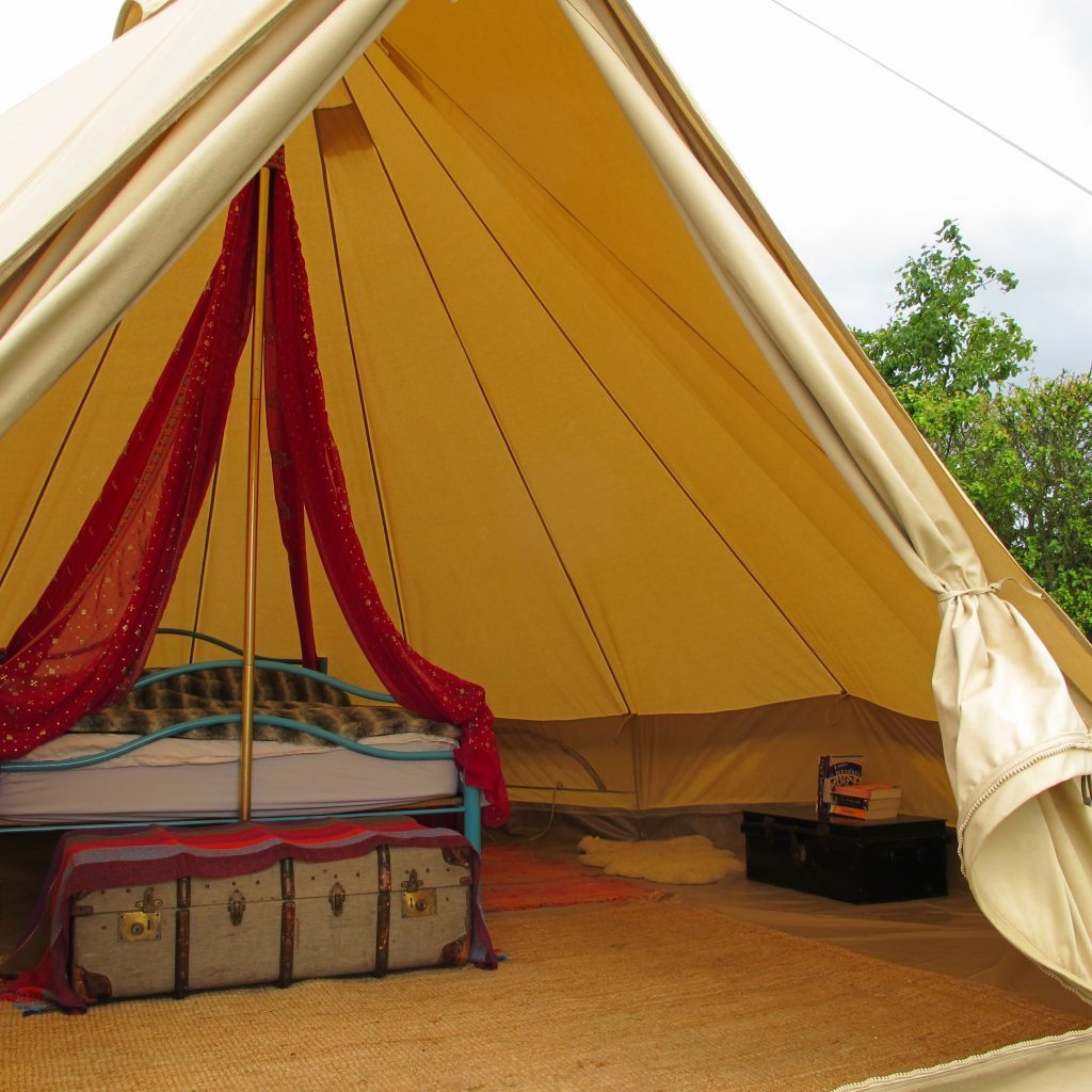 The interior of a bell tent at Greenhillock.