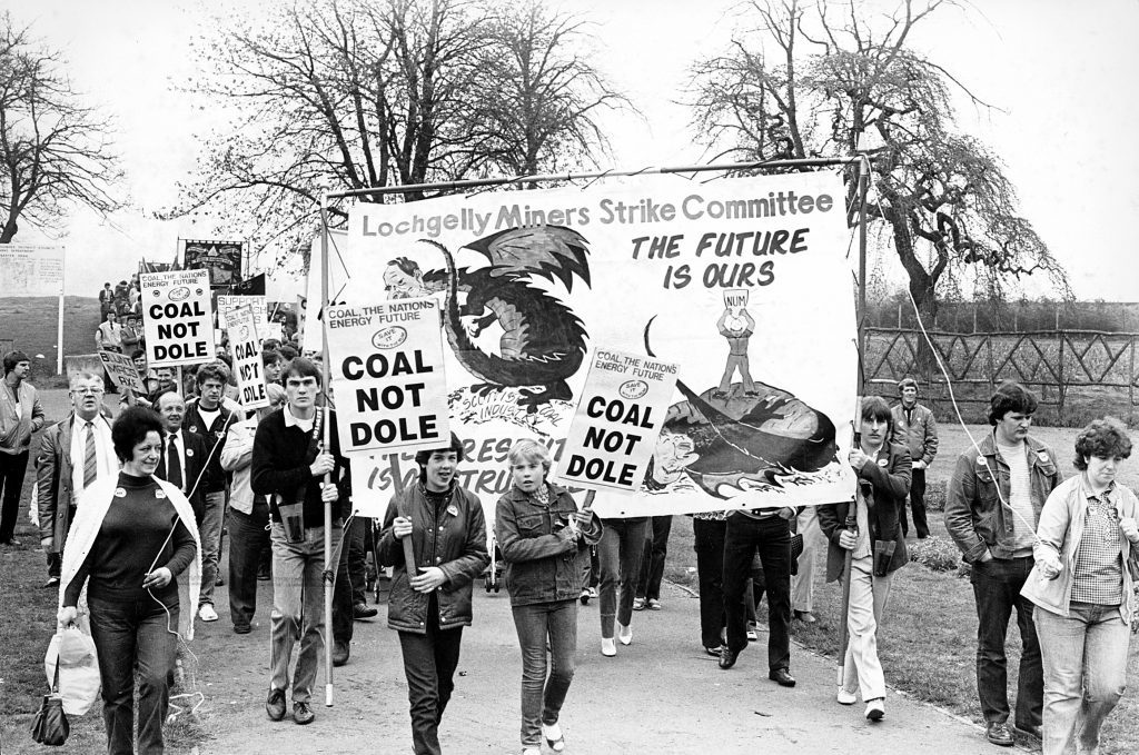 Fife miners join Dundee trade unionists for their traditional May Day march and rally from Baxter Park to City Square in 1984