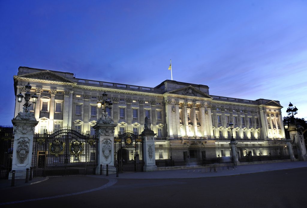 A general view of Buckingham Palace in London at dusk.