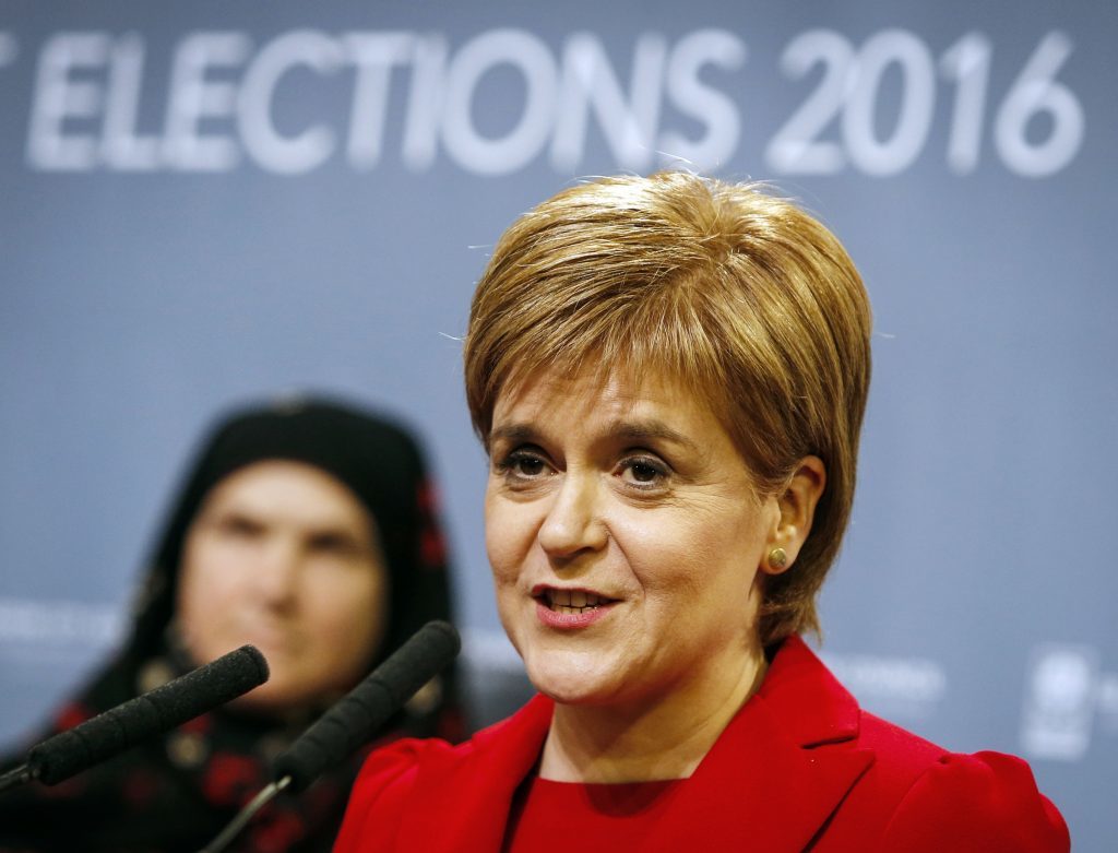 SNP leader Nicola Sturgeon celebrates after retaining her seat at a Scottish Parliament election count at the Emirates Arena in Glasgow, Scotland. PRESS ASSOCIATION Photo. Picture date: Friday May 6, 2016. See PA story POLITICS Scotland. Photo credit should read: Danny Lawson/PA Wire