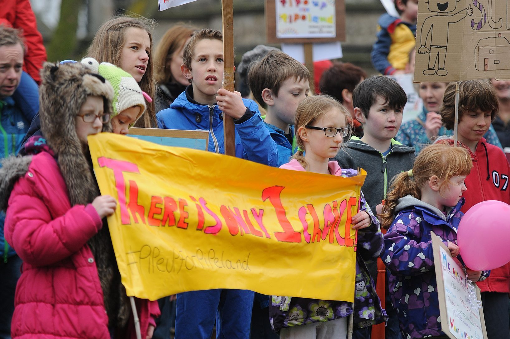 Pupils protest at a Pipe up for Pipeland demonstration in March 2014.
