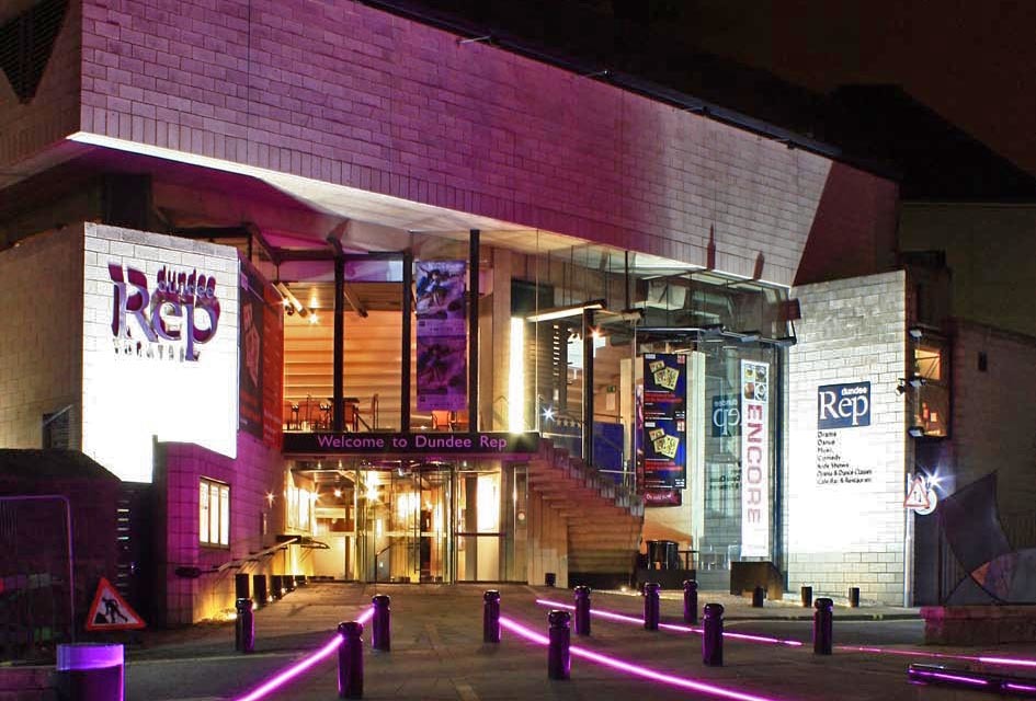 Dundee Rep Theatre at night, courtesy of the Rep Theatre.