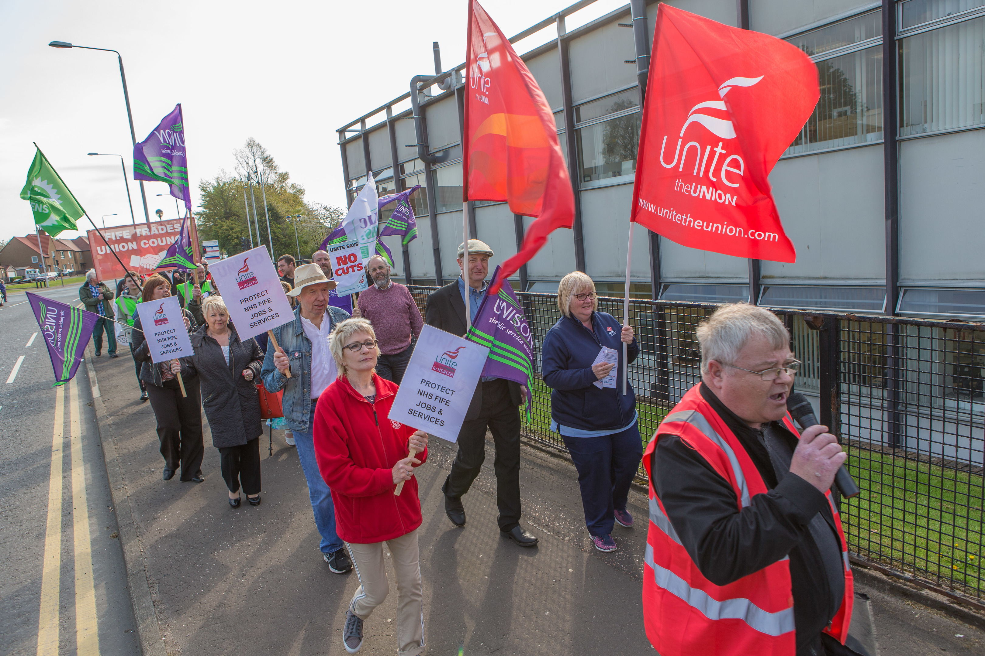 Members of Unite the Unions and Fife Area Activist Committee hold a demonstration outside Victoria Hospital in Kirkcaldy.