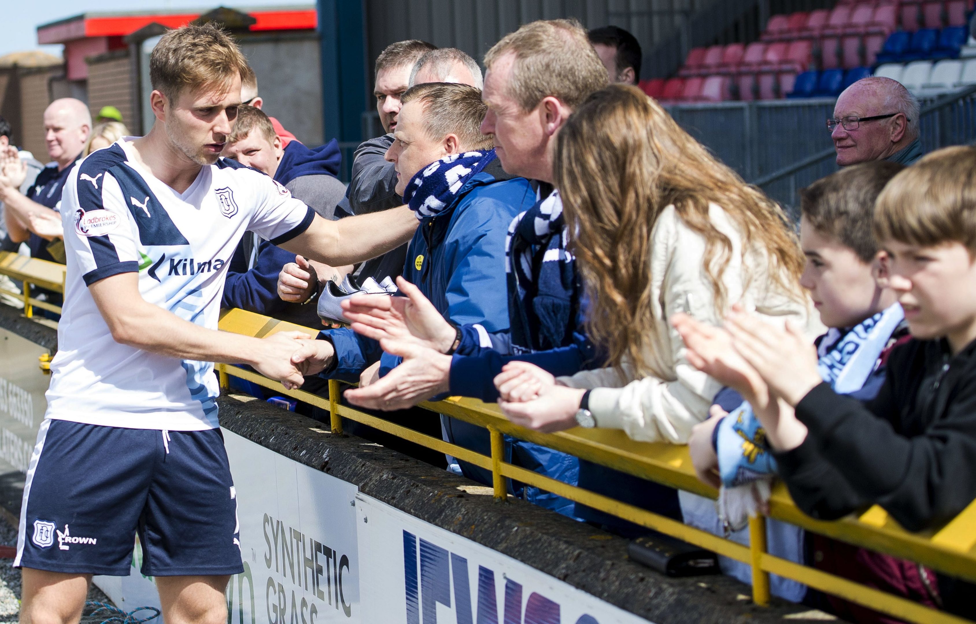 Greg Stewart, who is attracting interest from other clubs, thanks the travelling fans at full-time. They will hope it's not the last time they see him playing for Dundee.