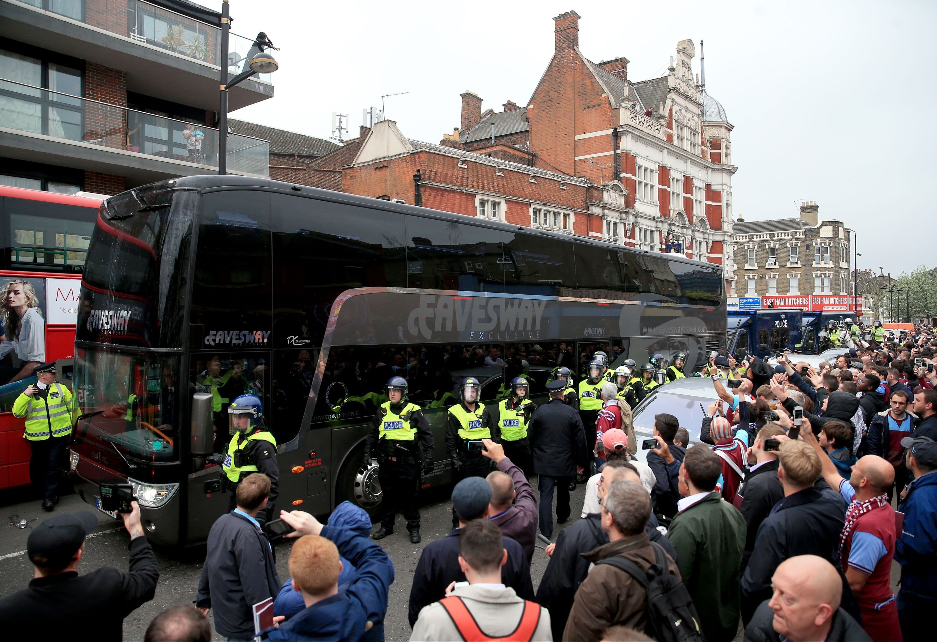 The Manchester United team coach was pelted with missiles ahead of their match with West Ham.