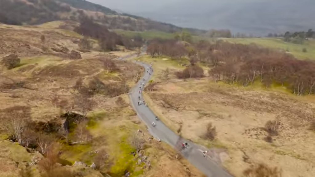 Riders crossing the shoulder of Schiehallion in the 2016 Etape Caledonia.