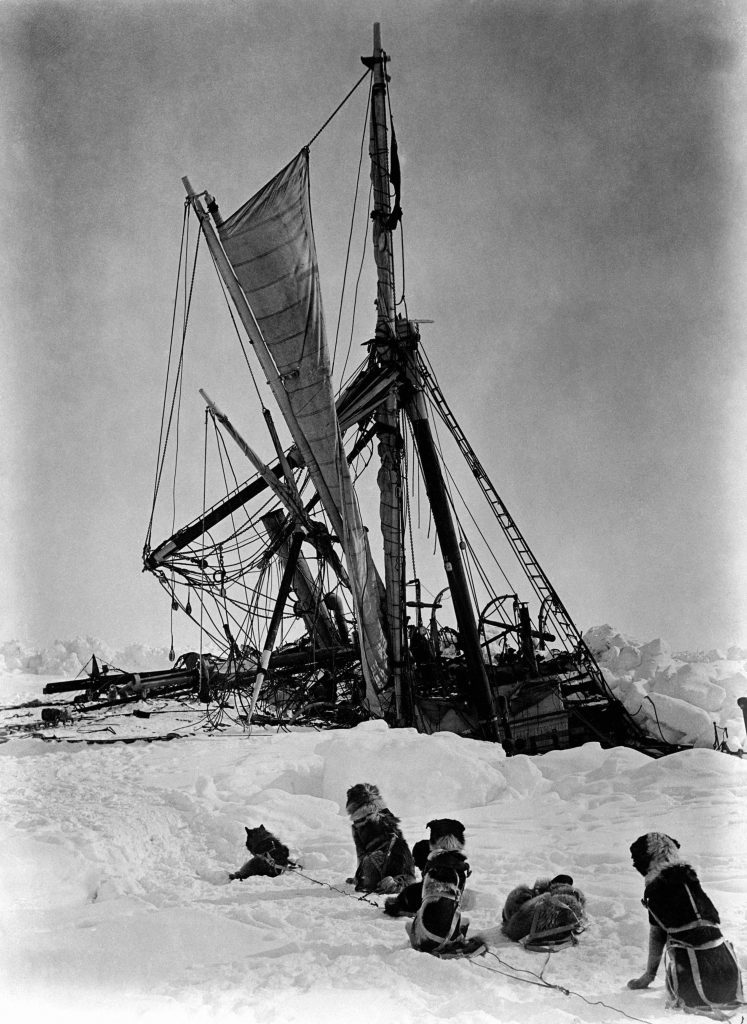 Shackleton's ship,The Endurance, after the ice pressure was released, sank between the ice floes. The floes came together again, shearing off the masts and top deck and thrust the ship below the ice into the waters of the Weddel Sea on October 27 1915.