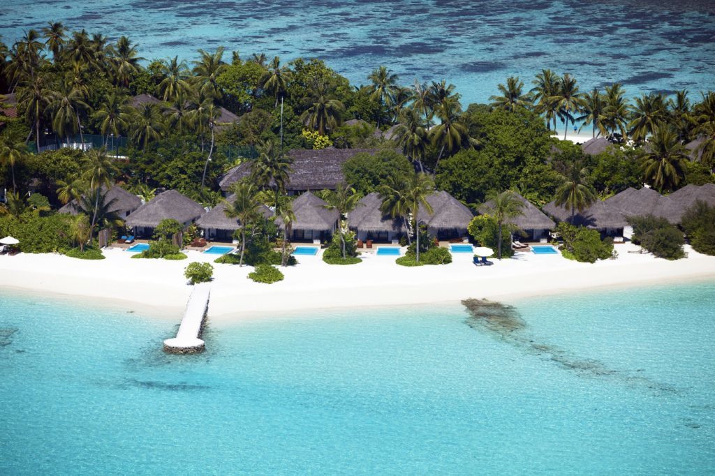 An aerial view of the villas at Velassaru in the Maldives.