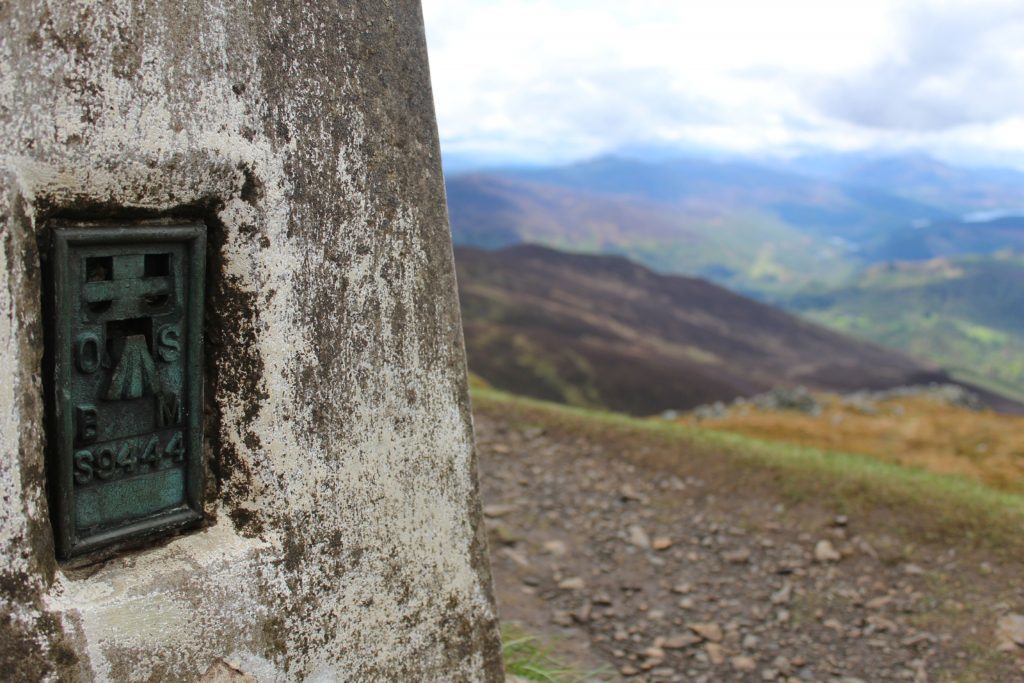 Ordnance Survey details on Ben Vrackies trig pillar.