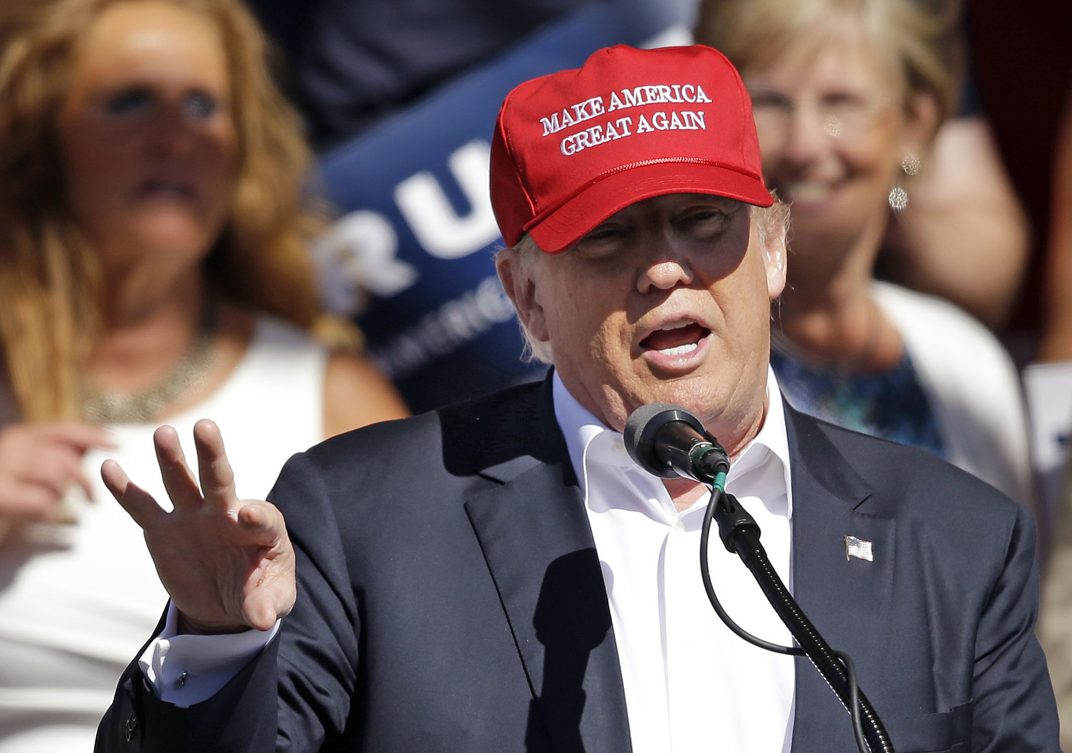 Republican presidential candidate Donald Trump speaks at a rally on Saturday, May 7, 2016.