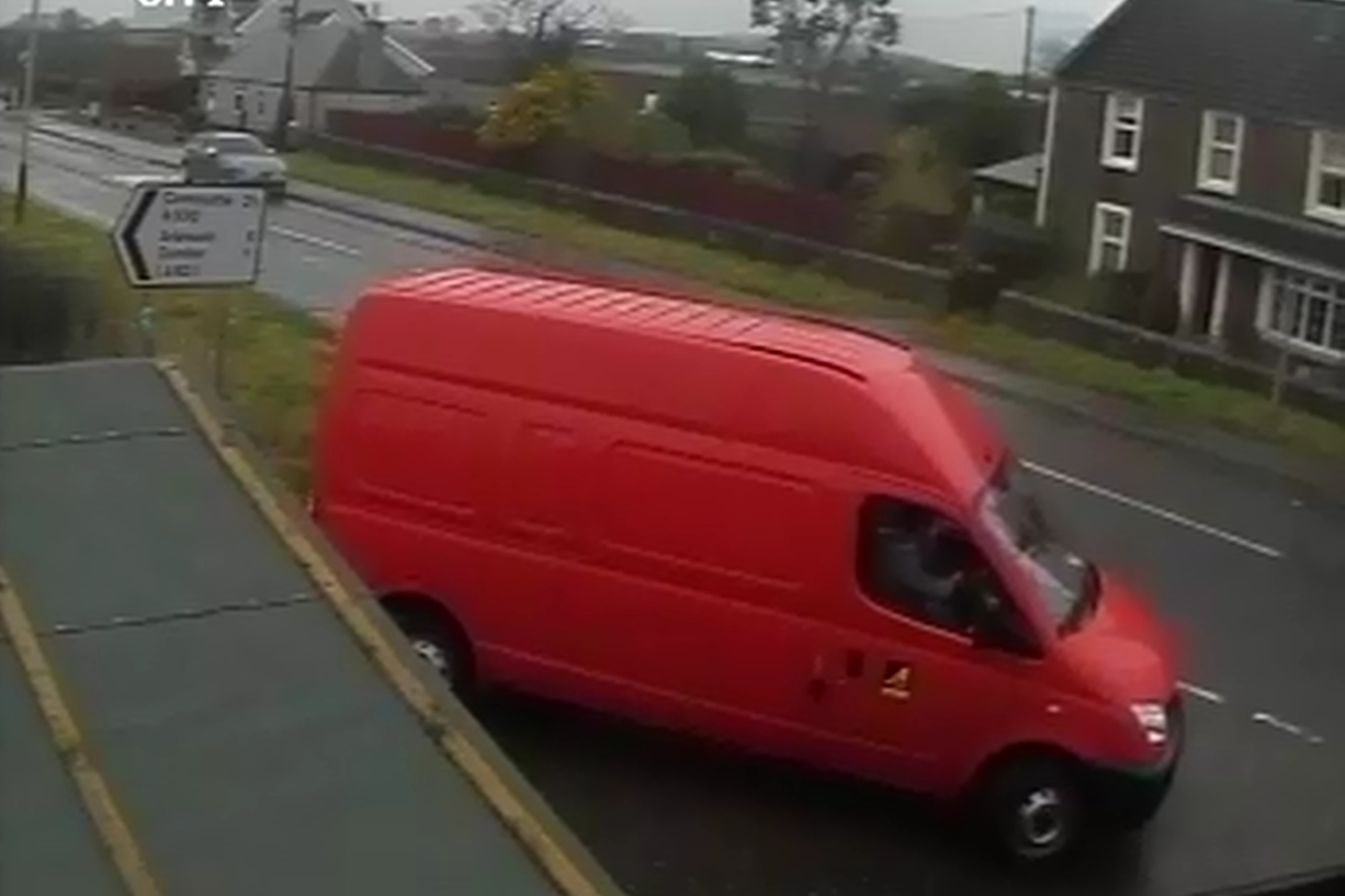 A screen grab showing the red van skidding at the Muirdrum crossroads.