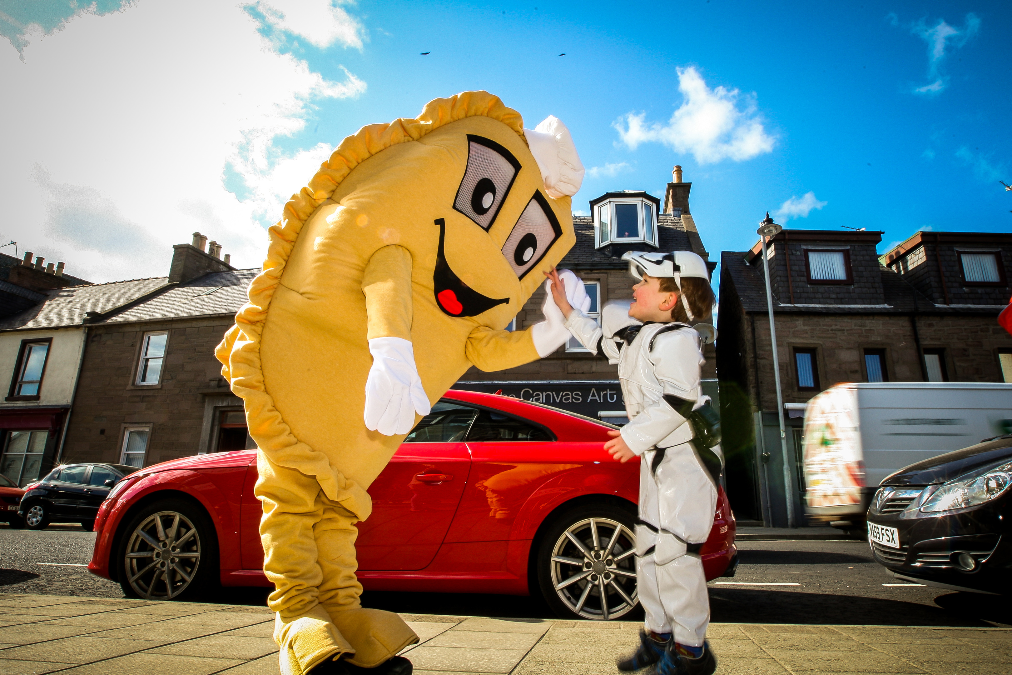 The Forfar Bridie gets a high five from storm trooper Jamie Duncan.