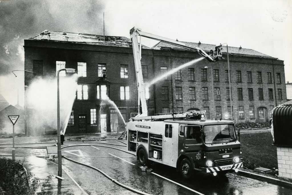 A blaze at the former Carrd Ashton carpet works, in Blackness area of Dundee in 1983.