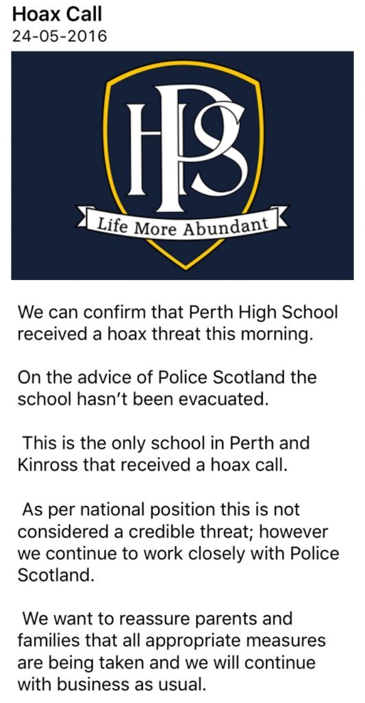 An alert received by parents of pupils at Perth High School.