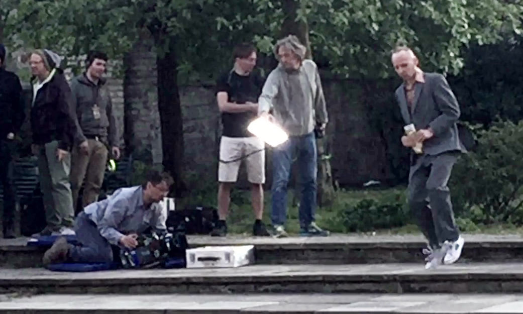 Ewen Bremner (right), as Spud, filming in Edinburgh.