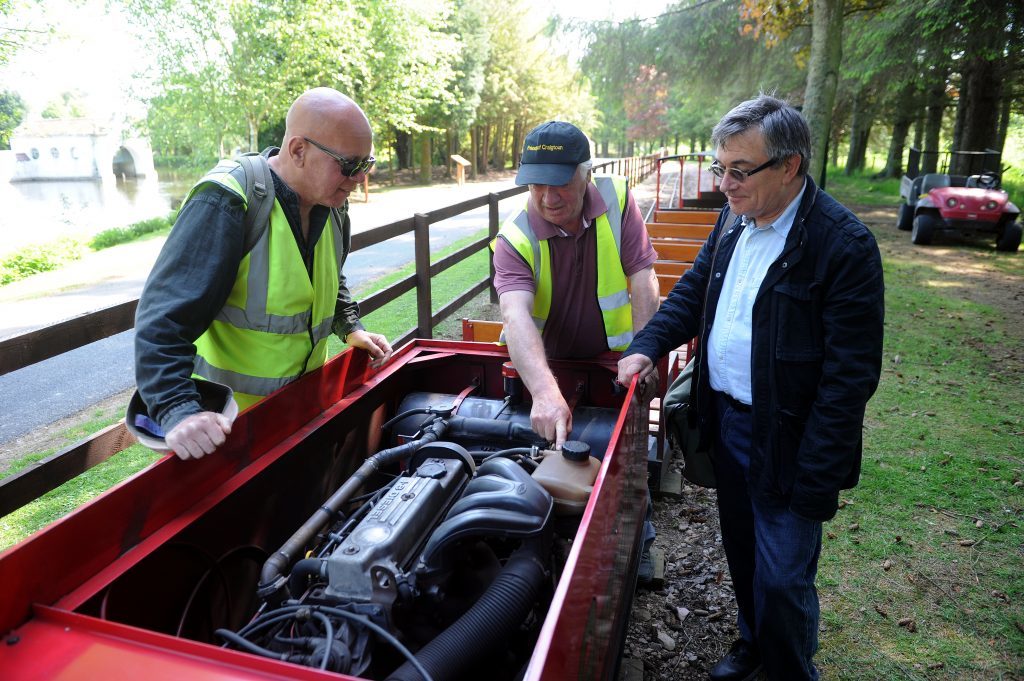 From left - Eric Moran, Kyff Roberts and Martin Dibbs making ready the train at Craigtoun Country Park, St Andrews, 