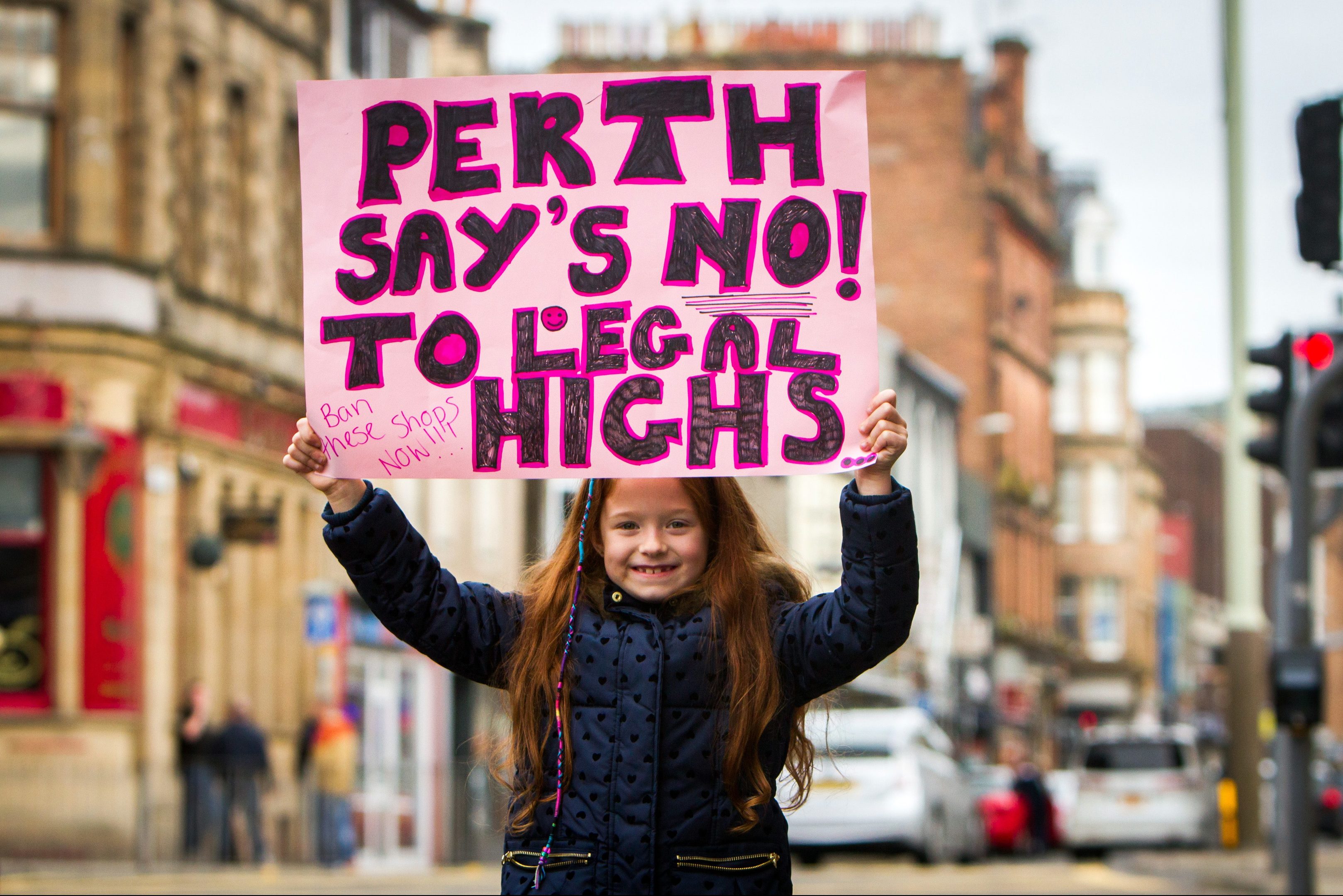 Jorja Smith, 7, Perth, during a protest against legal highs being sold in the Fair City.