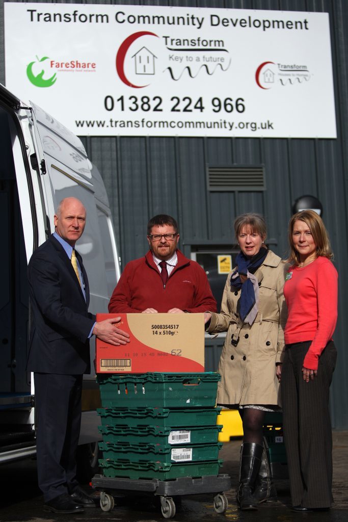 Transform Dundee has been among the beneficiaries. The picture shows L/R, Joe Fitzpatrick MSP, Simon Laidlaw, CEO of Transform, Shona Robison MSP and Asda's Lisa Rooke during a visit a local FareShare depot to see how surplus food is used for good causes. 