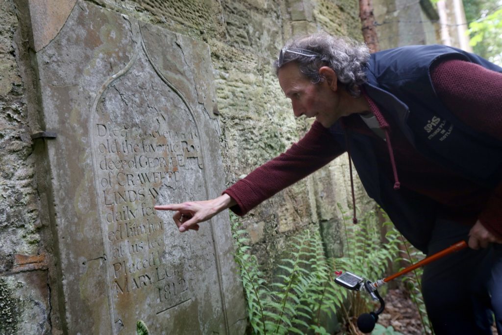 Jag Betty of SPiS finds the gravestone of Lady Mary's beloved deer at Crawford Priory near Cupar.