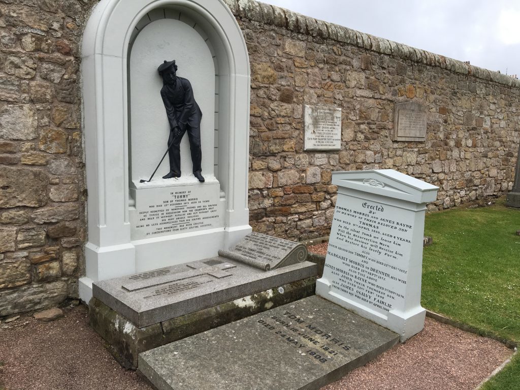 The grave of Old Tom Morris in front of the memorial of Young Tommy Morris. Between them they won the Open Championship eight times