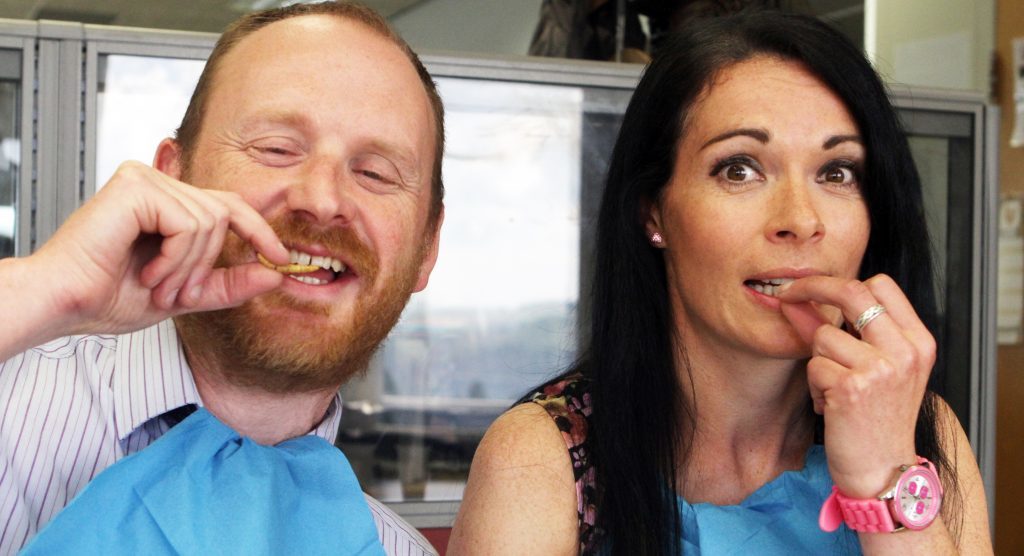 Courier news editor Alan Richardson and features writer Gayle Ritchie get stuck in to some BBQ bamboo worms!