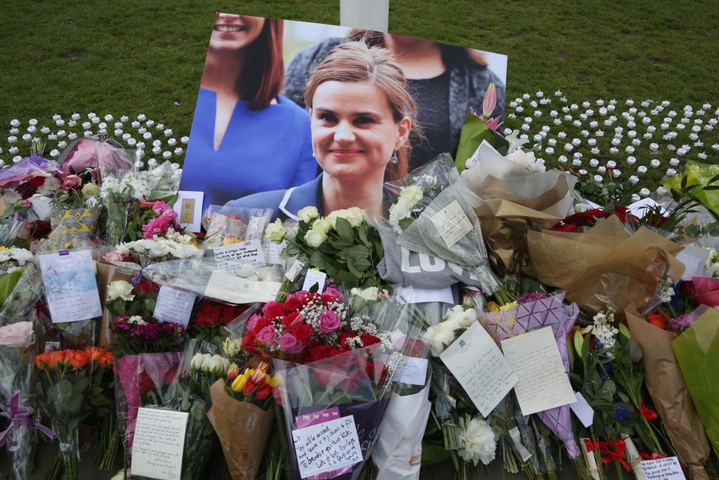 Tributes left to Jo Cox on Parliament Square.