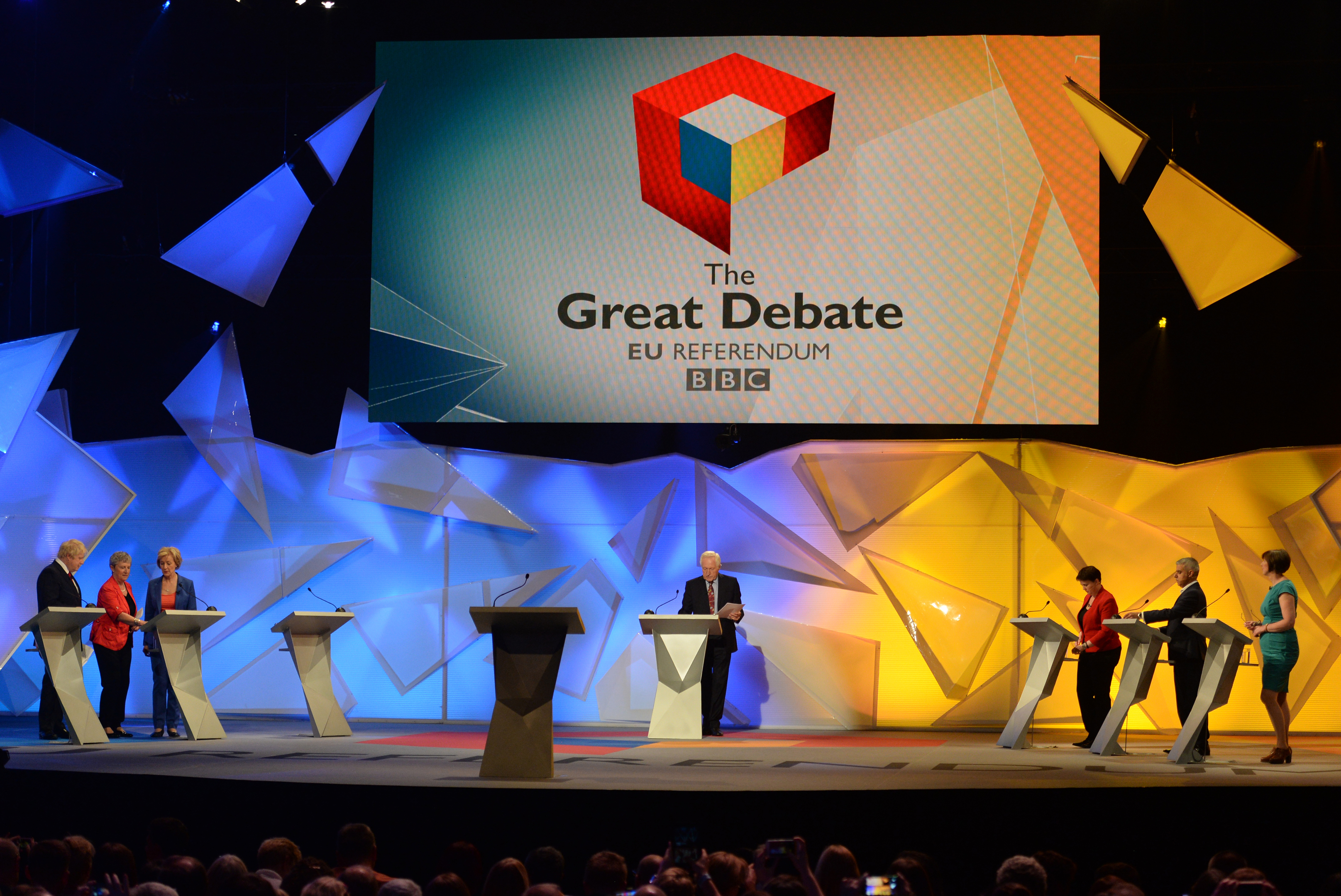 From left: Boris Johnson, Gisela Stuart, Energy Minister Andrea Leadsom, David Dimbleby, Scottish Conservative leader Ruth Davidson, Mayor of London Sadiq Khan and TUC General Secretary Frances O'Grady take part in the EU debate at Wembley Arena.