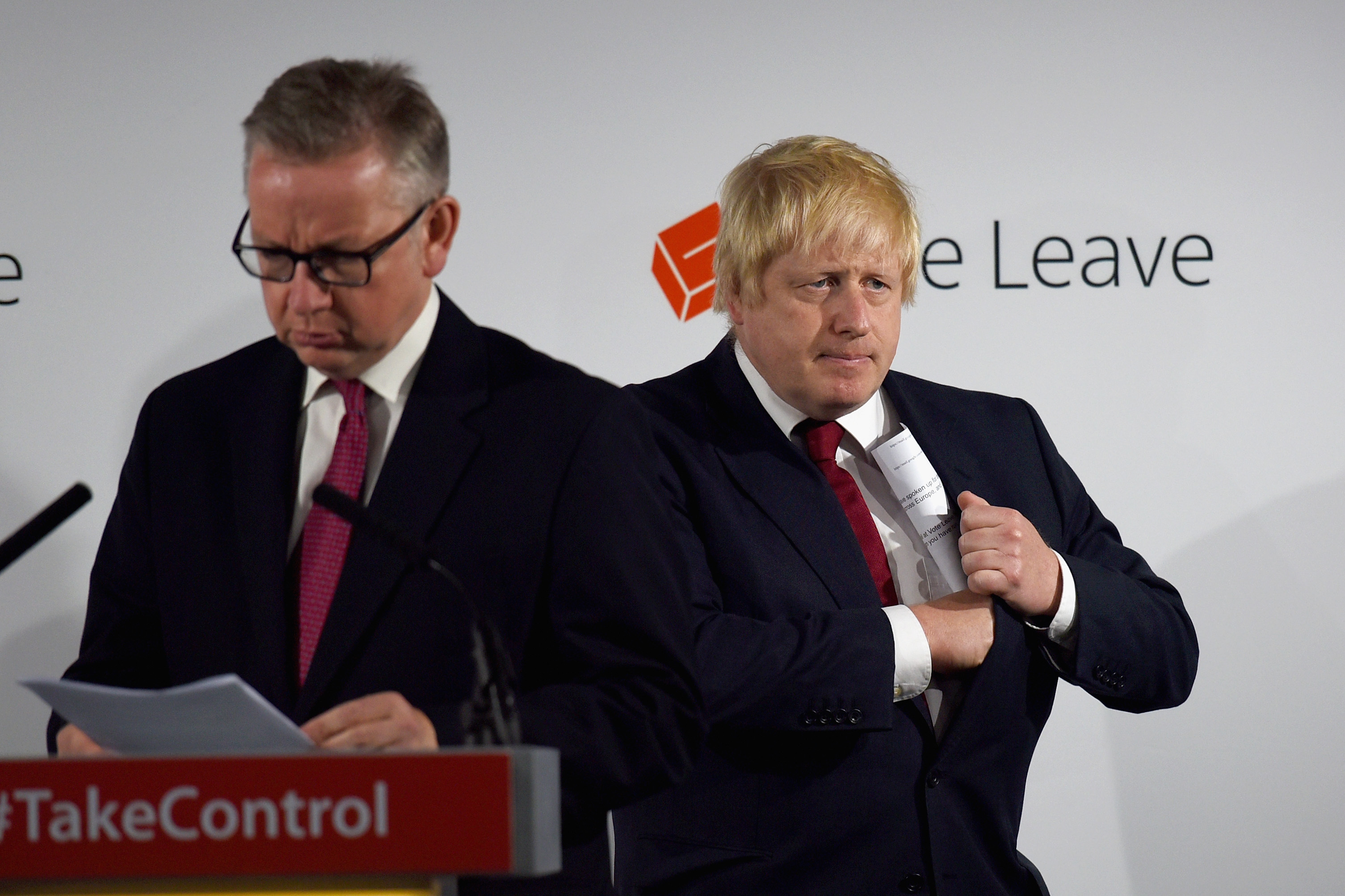 Michael Gove and Boris Johnson at a Vote Leave victory press conference.