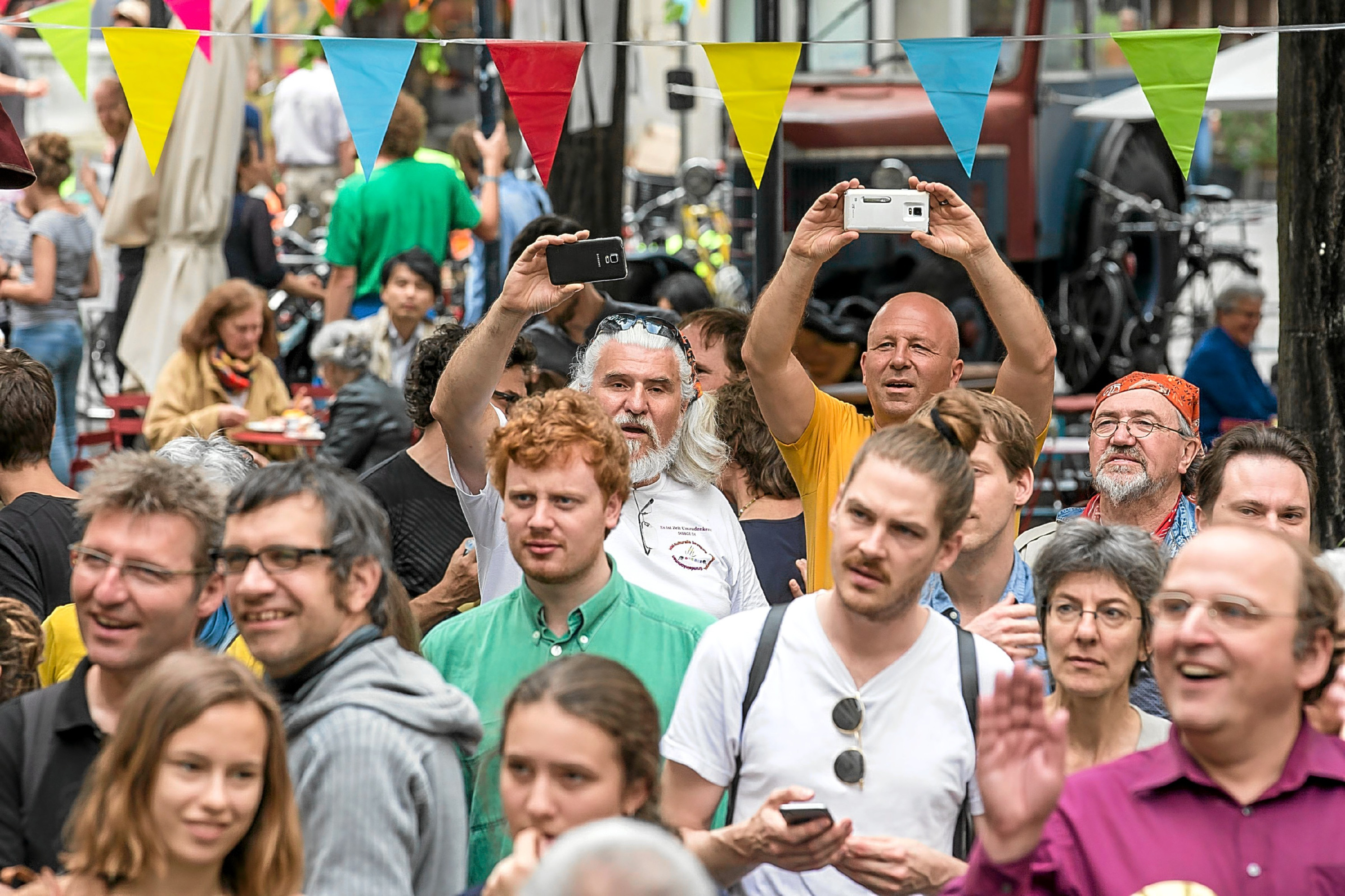 Voters and supporters gather at the get-together of the promoters of the initiative for an unconditional basic income in Basel, Switzerland.