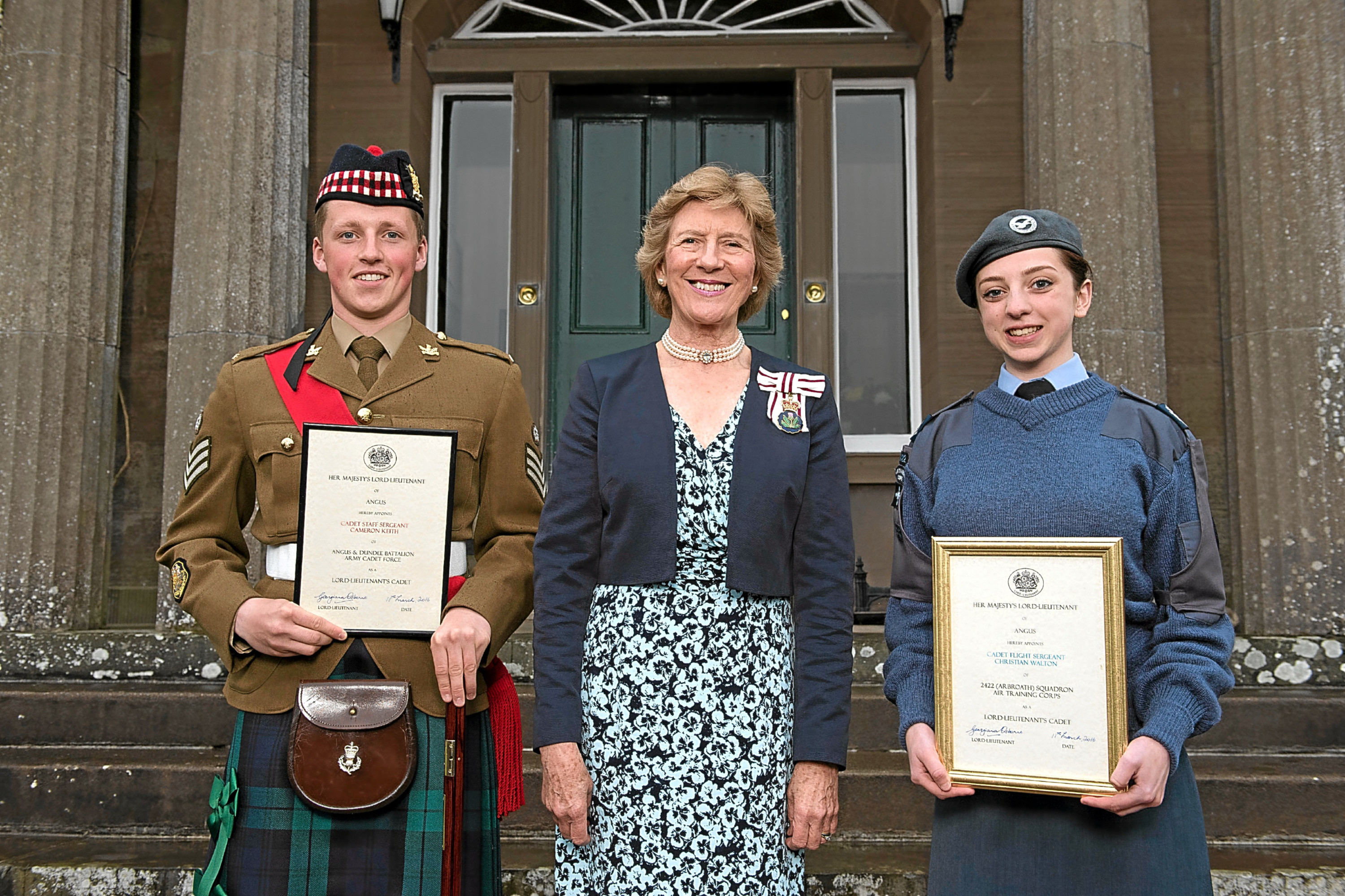 Staff Sergeant Cameron Keith from Forfar and Flight Sergeant Christian Walton from Arbroath were presented with their certificates by Georgiana Osbourne.