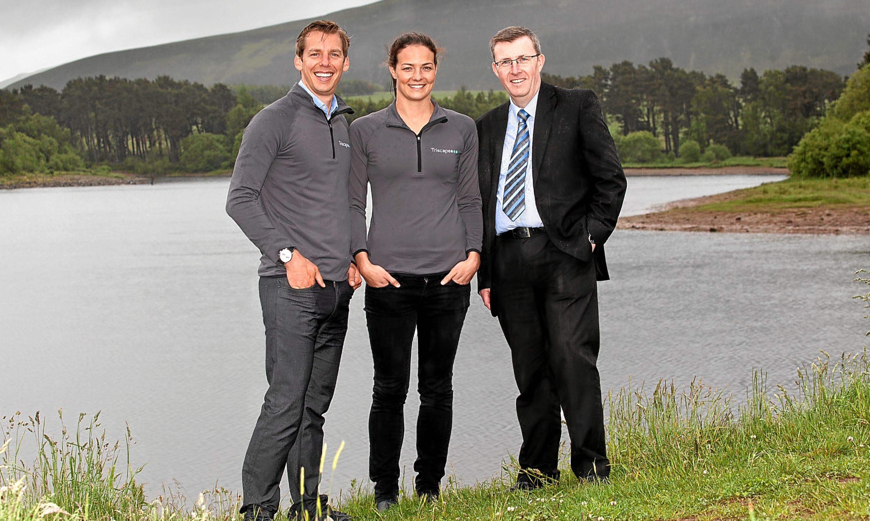 Olympic swimmers Keri-anne Payne and David Carry from Triscape with Kevin Thomson from the Clydesdale Bank