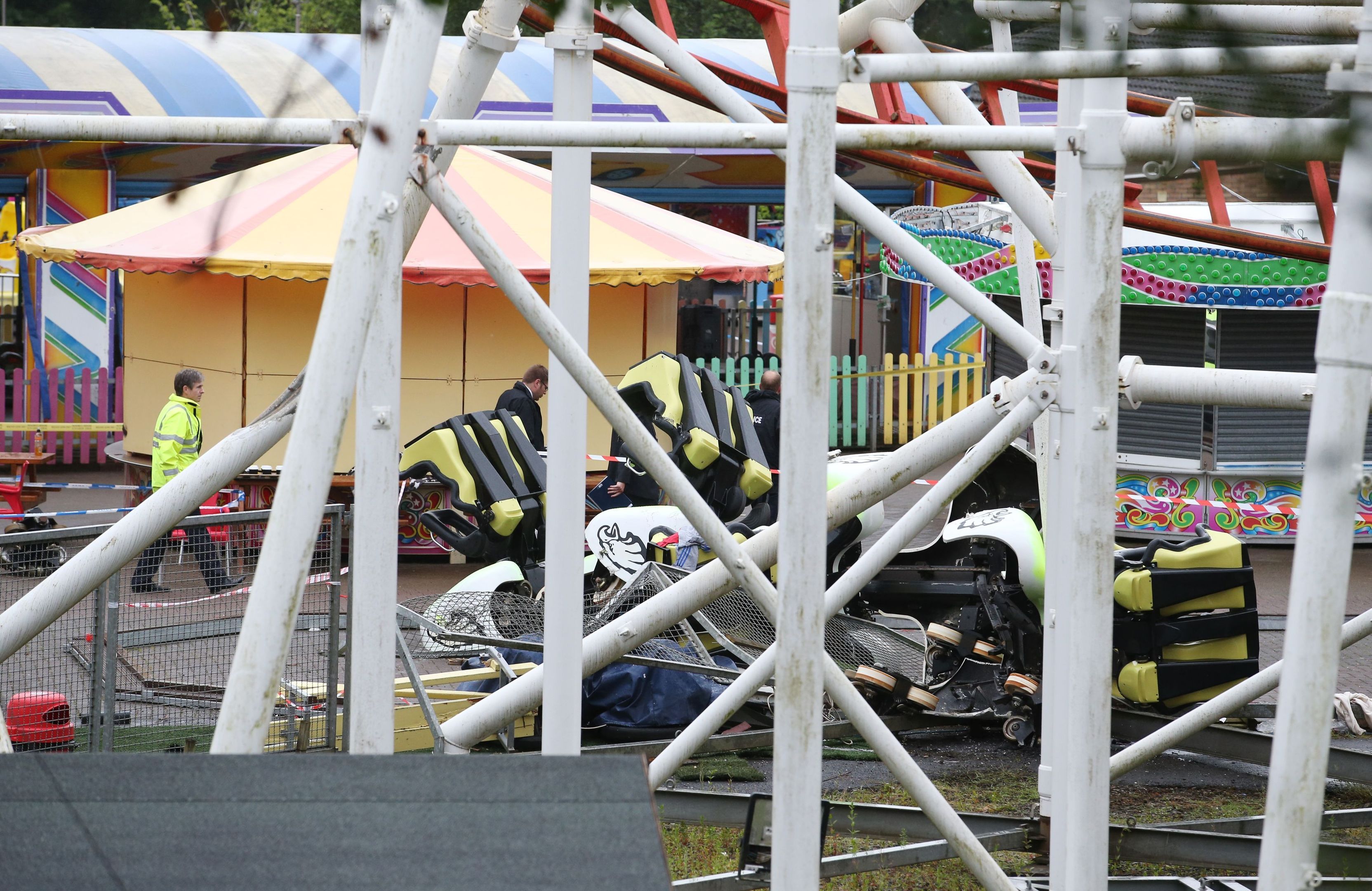 Mangled wreckage at M&D's amusement park in Motherwell, after the Tsunami rollercoaster derailed.