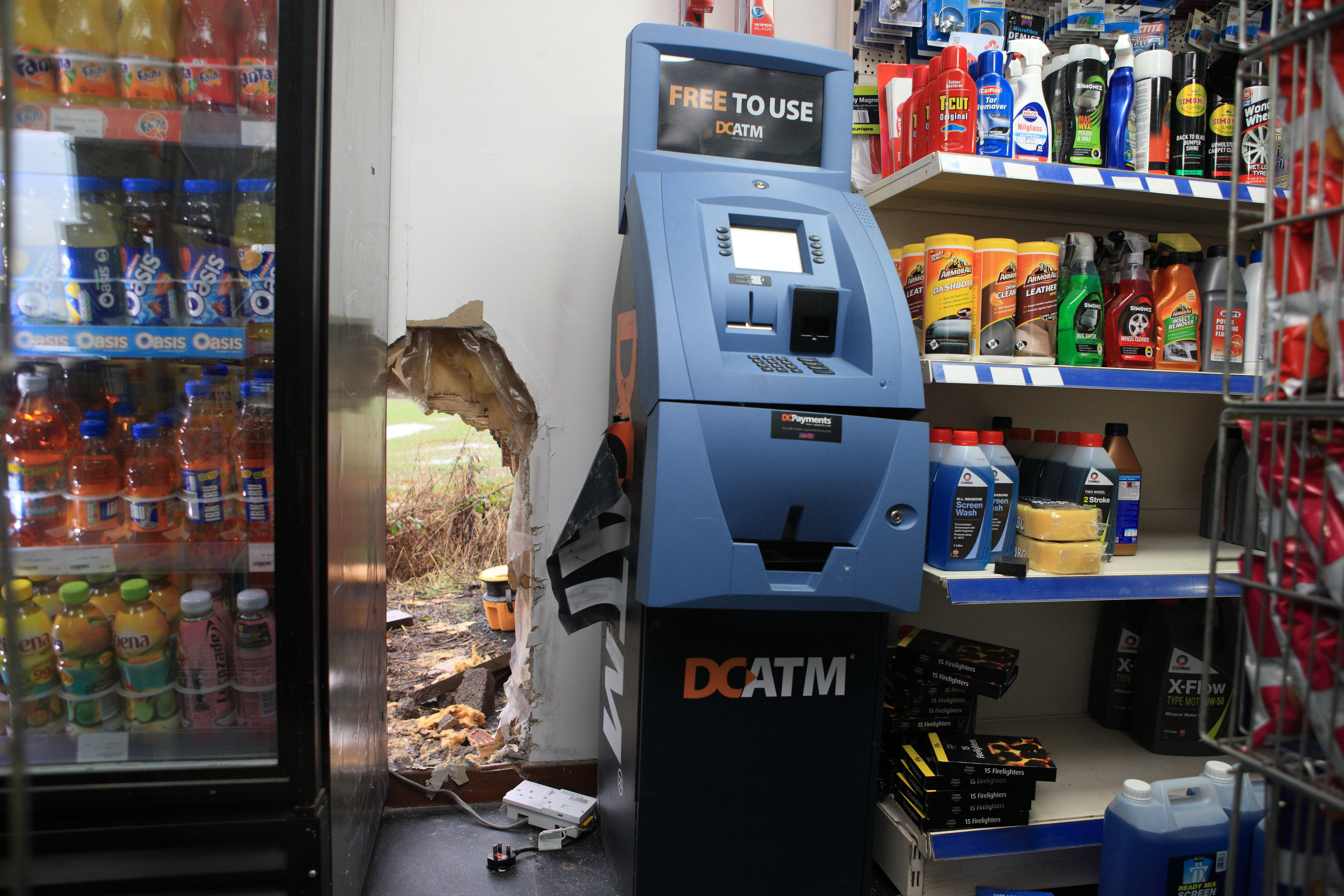Damage to the Jet garage premises near Almondbank, aftre the ATM was targeted by thieves in January.