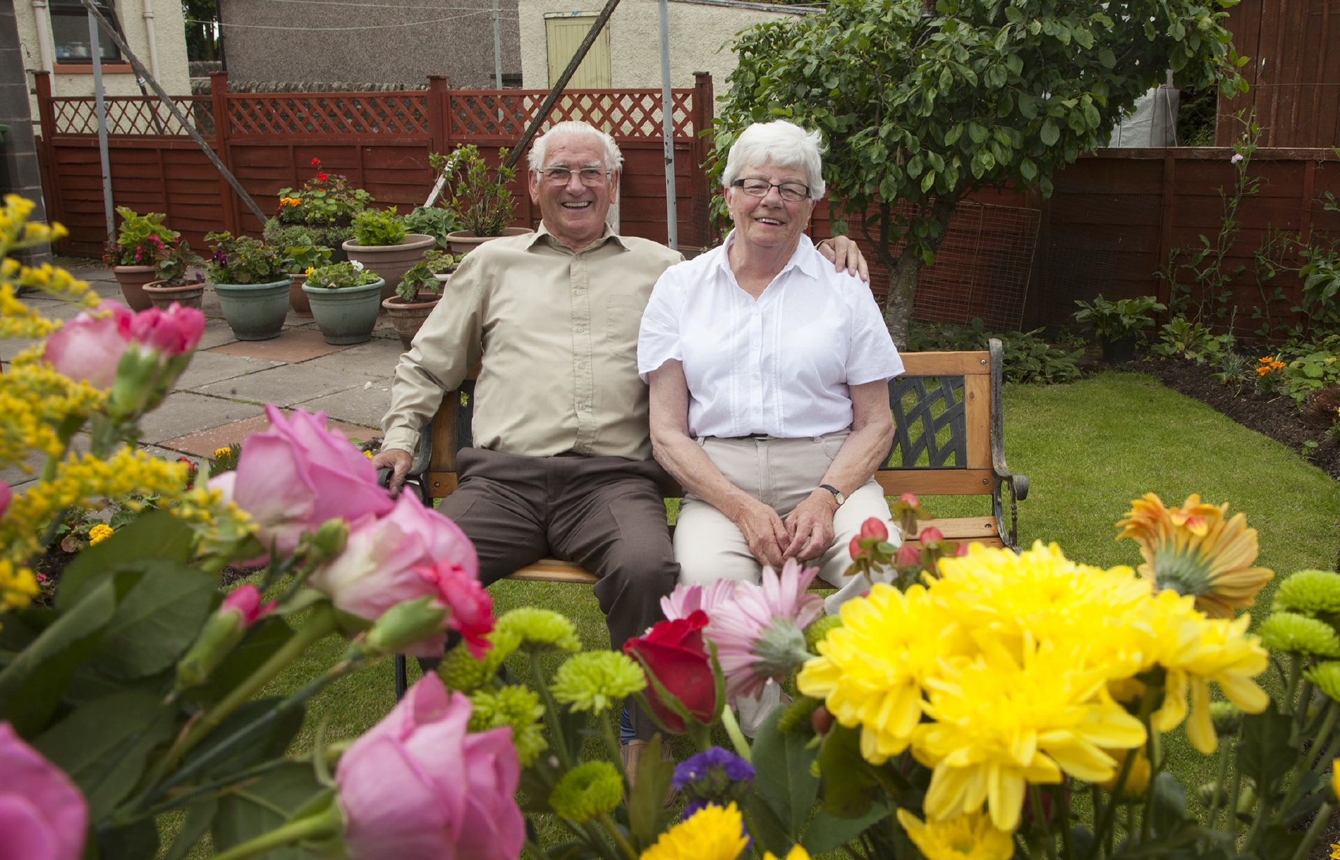 Chelsea Flower Show competition winner Marjorie Prophet and husband Neil pictured in their garden at home in Forfar.
