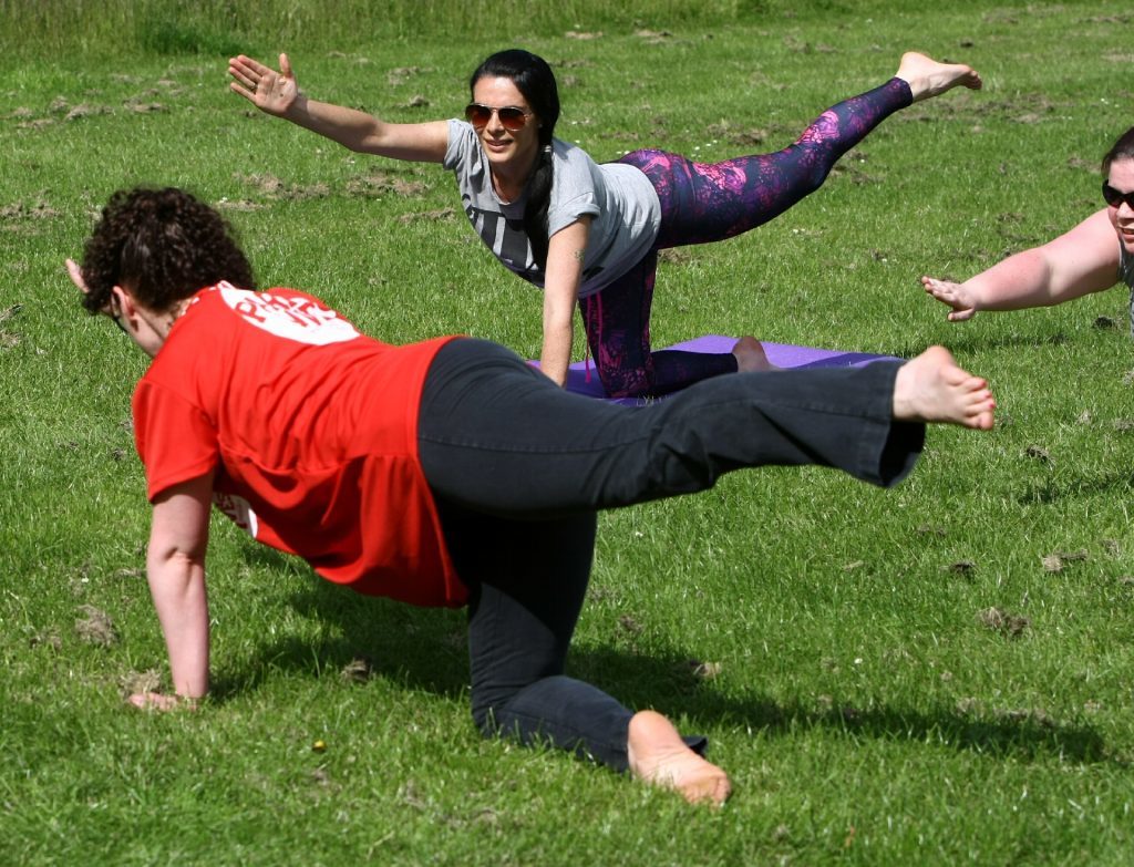 Gayle Ritchie follows instructor Lesley Barclay's moves.