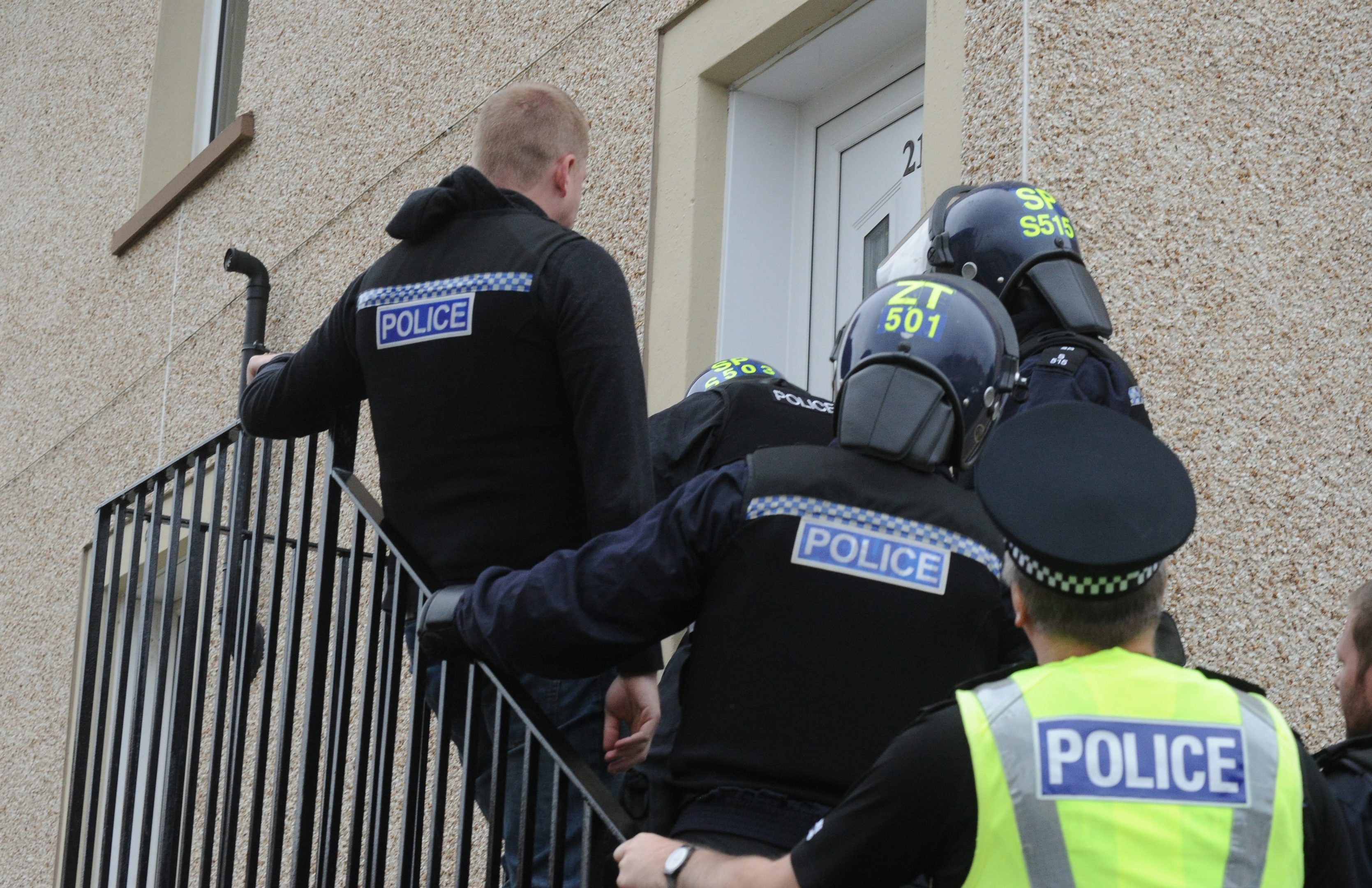 Police as they ‘hit’ four properties in Kirkcaldy in relation to crimes which have been reported during their investigation into the Darren Adie murder.