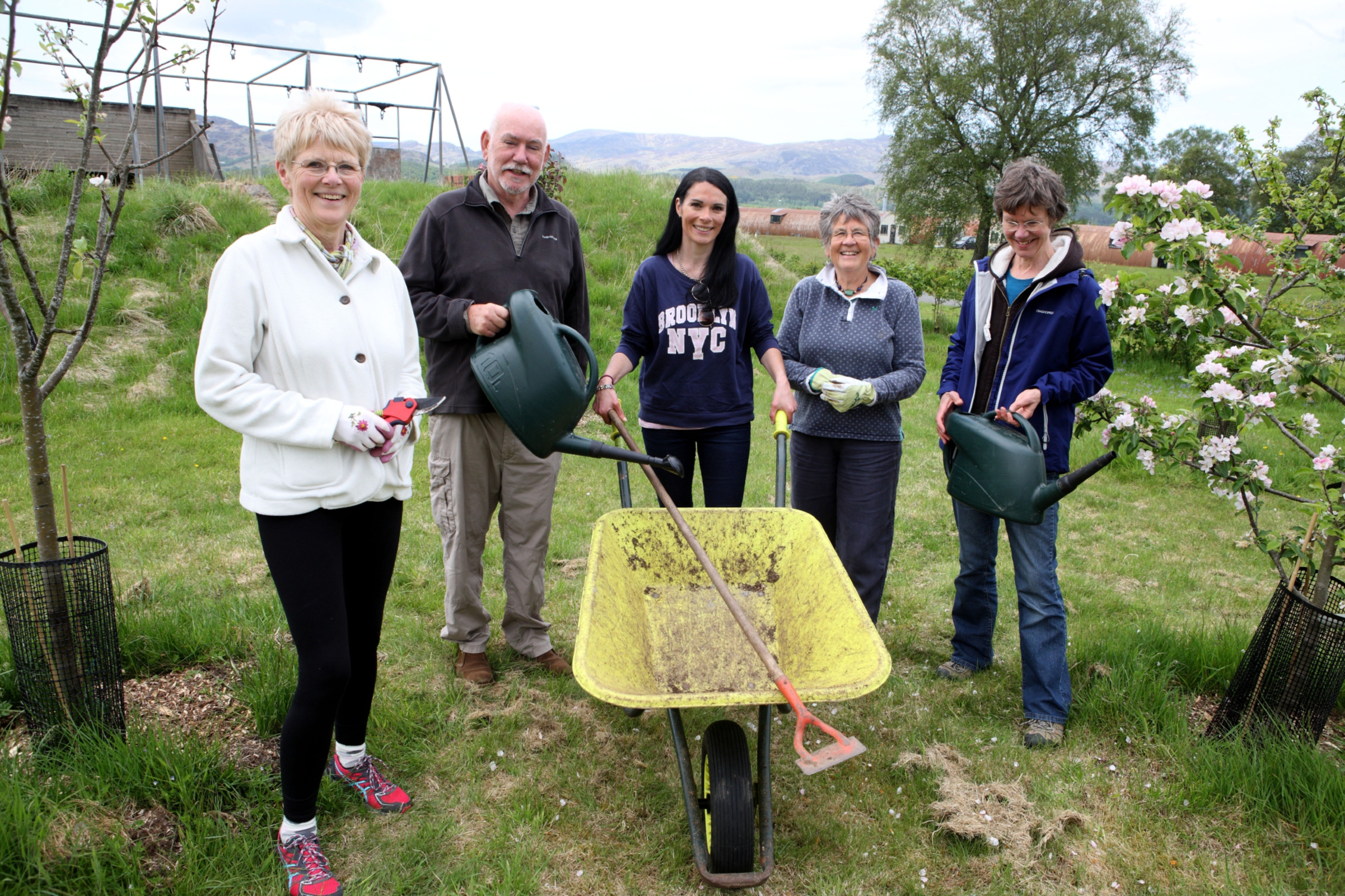 Members of Comrie Community Orchard (L-R Dot Dahl and Derek Robertson with Gayle Ritchie, Di McNab and Fiona Palmer).